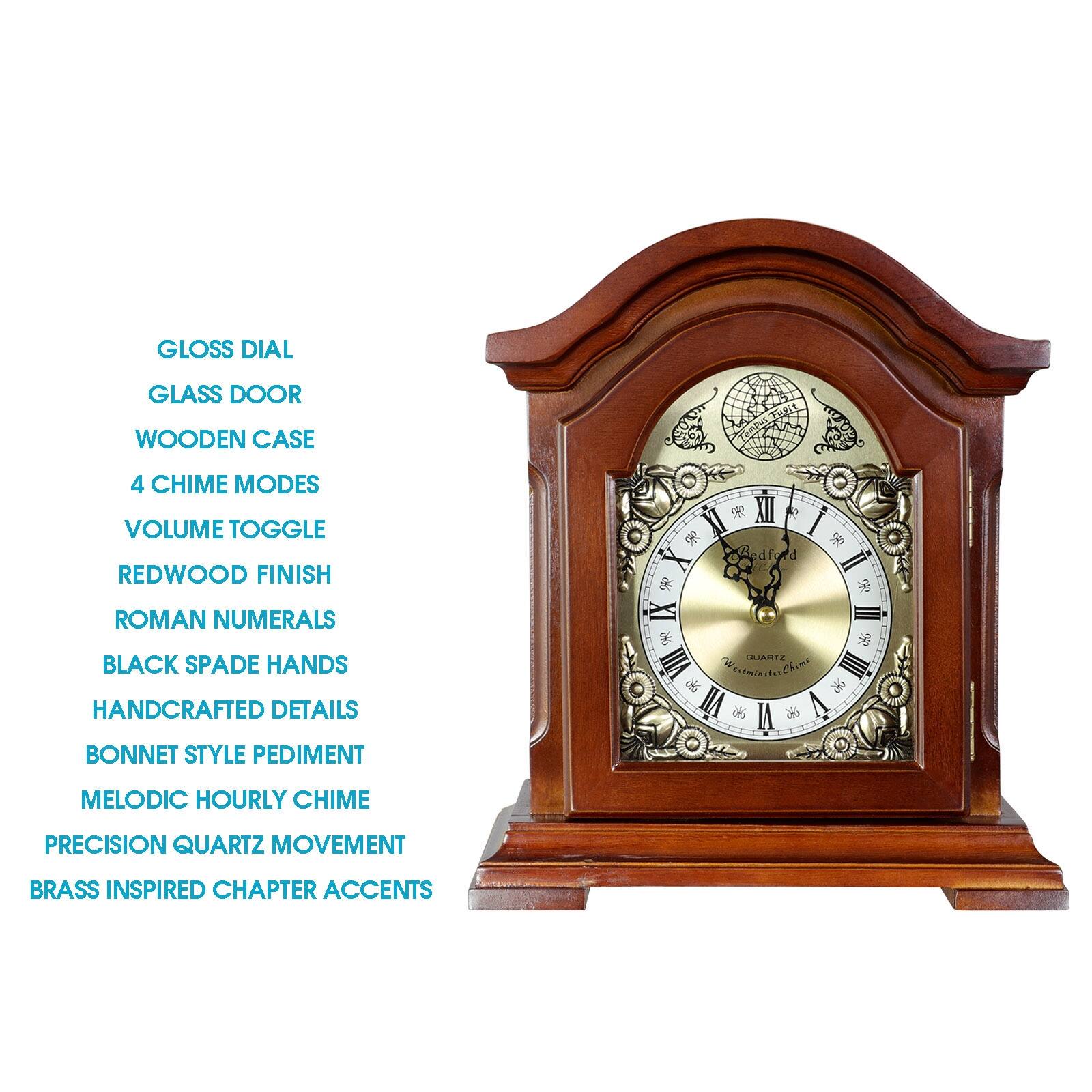 GLOSS DIAL
GLASS DOOR
WOODEN CASE
4 CHIME MODES
VOLUME TOGGLE
REDWOOD FINISH
ROMAN NUMERALS
BLACK SPADE HANDS
HANDCRAFTED DETAILS
BONNET STYLE PEDIMENT
MELODIC HOURLY CHIME
PRECISION QUARTZ MOVEMENT
BRASS INSPIRED CHAPTER ACCENTS