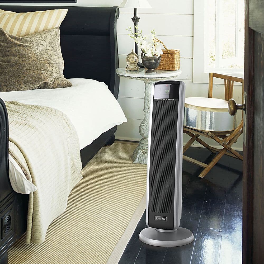 Left. Lasko - Oscillating Ceramic Tower Heater with Logic Center Remote Control - Gray/Black.