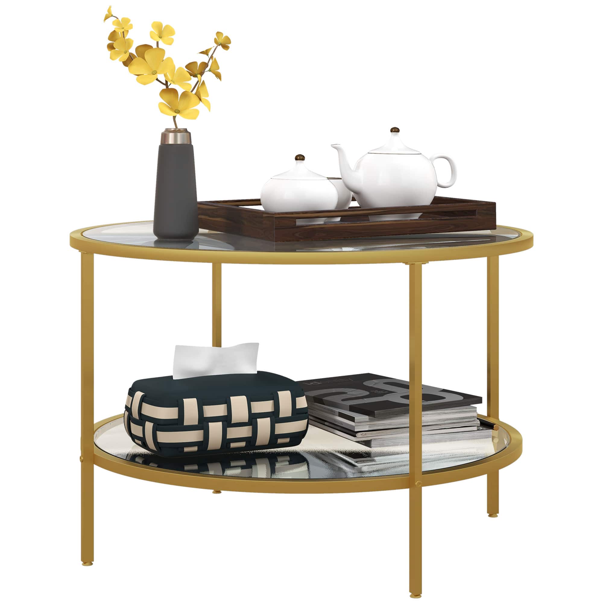 Homcom - Side Table with Storage, 26" Round End Table, 2-Tier Tempered Glass Coffee Table with Steel Frame for Living Room - Gold
