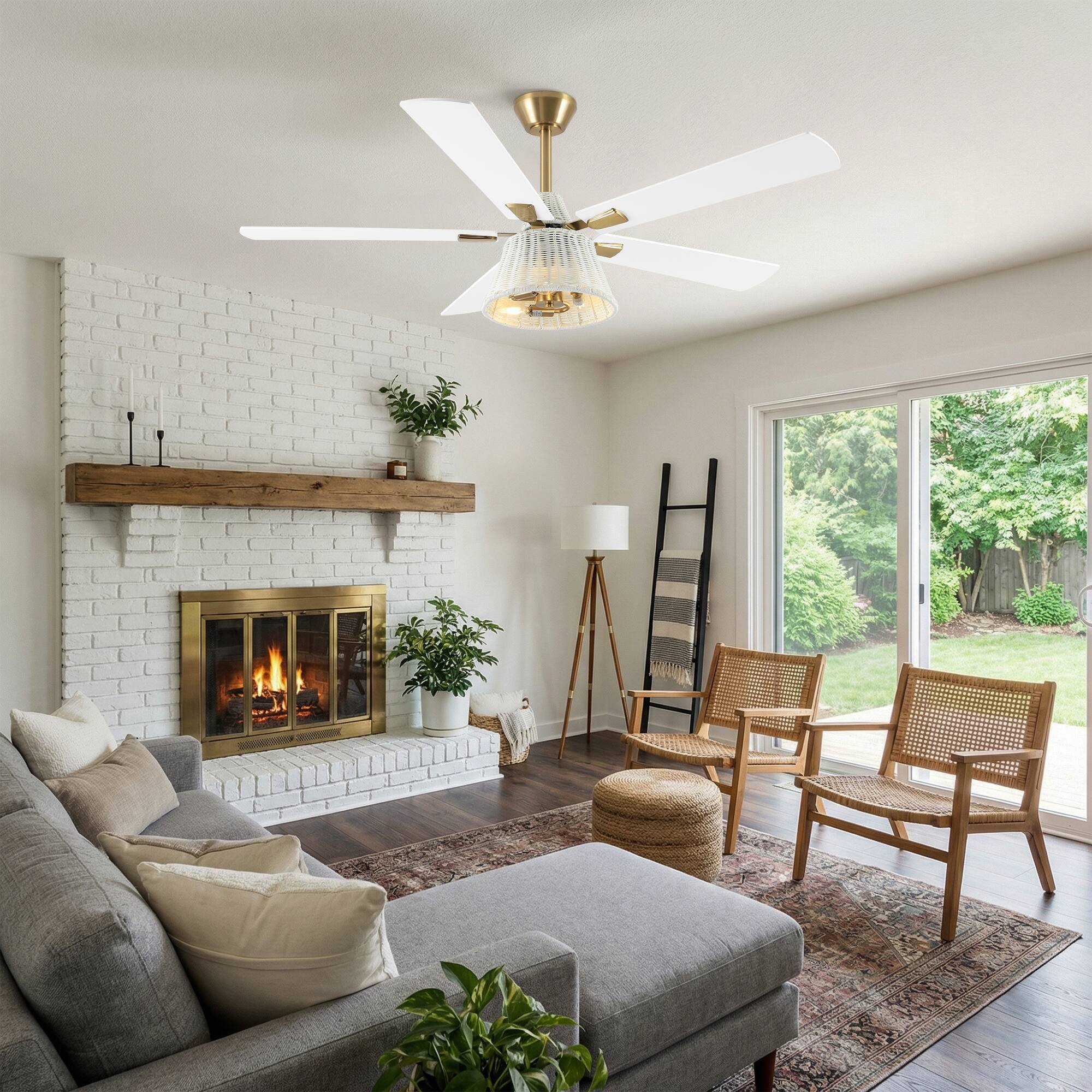 Angle. Parrot Uncle - 52" Bohemian Brass Ceiling Fan with Remote and White Woven Plastic Rattan - Brass.