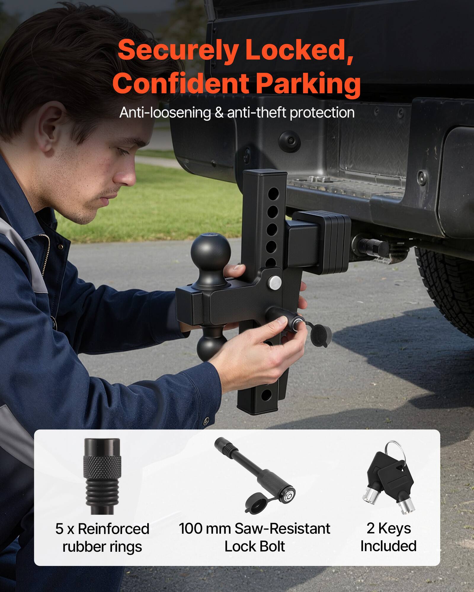 Securely Locked, Confident Parking  
Anti-loosening & anti-theft protection  

5 x Reinforced rubber rings  
100 mm Saw-Resistant Lock Bolt  
2 Keys Included
