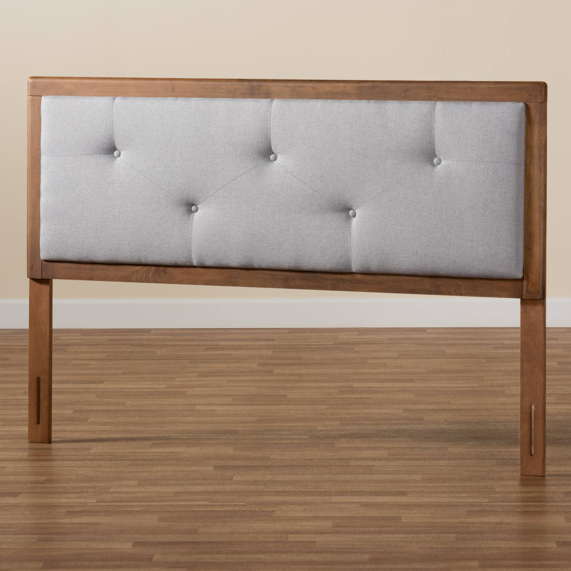 Alt View 1. Baxton Studio - Abner Modern and Contemporary Transitional Fabric Upholstered and Finished Wood Queen Size Headboard - Light Grey/Walnut Brown.