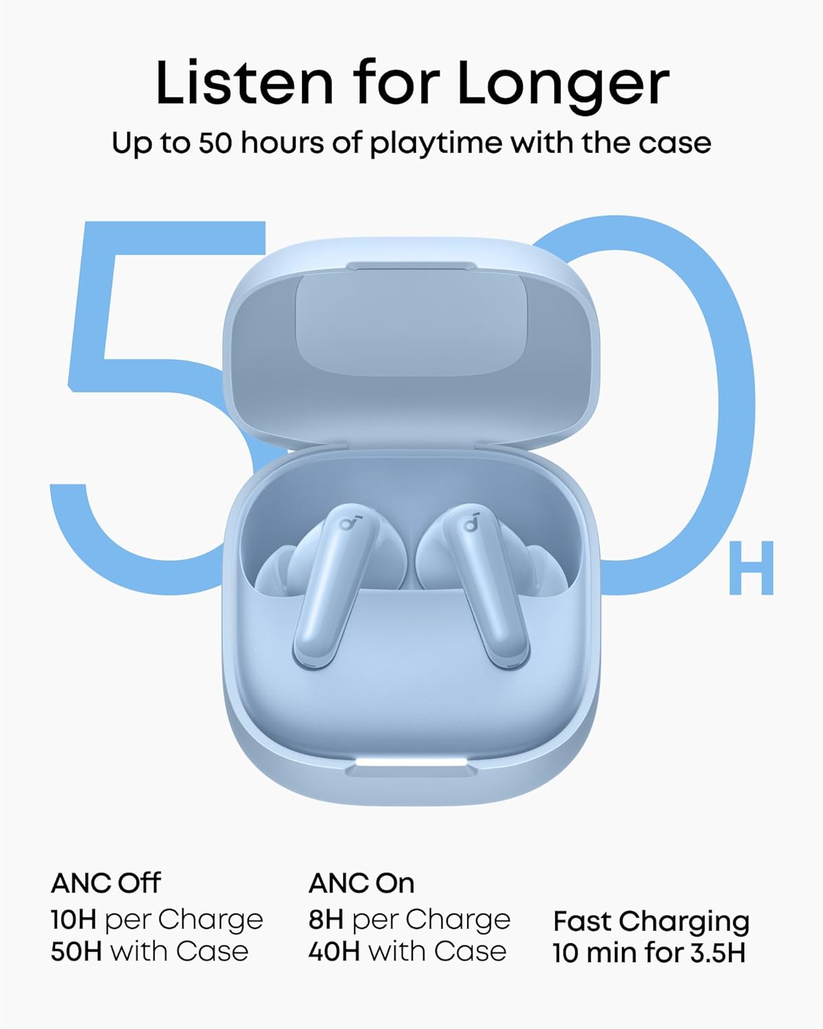 Listen for Longer  
Up to 50 hours of playtime with the case

ANC Off  
10H per Charge  
50H with Case

ANC On  
8H per Charge  
40H with Case

Fast Charging  
10 min for 3.5H