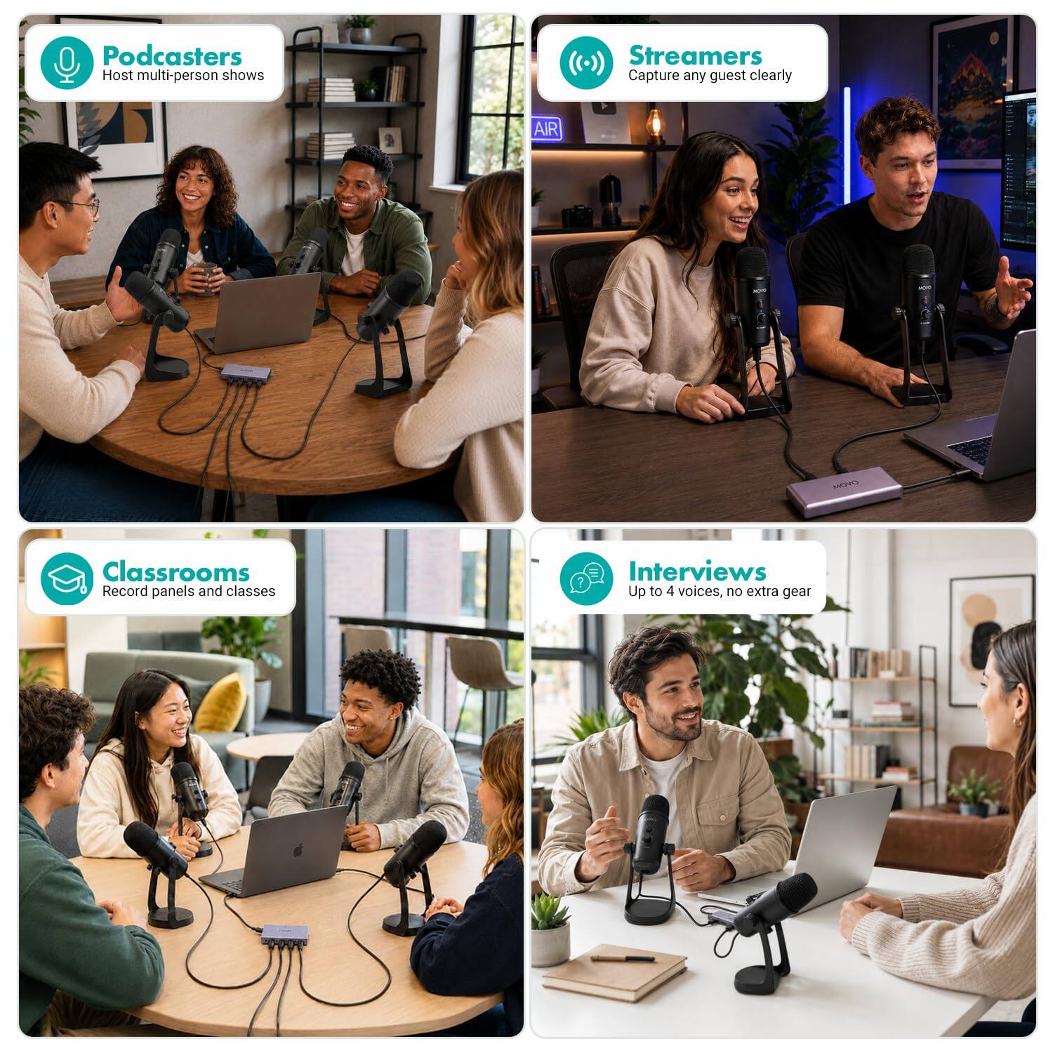 Podcasters  
Host multi-person shows

Streamers  
Capture any guest clearly

Classrooms  
Record panels and classes

Interviews  
Up to 4 voices, no extra gear