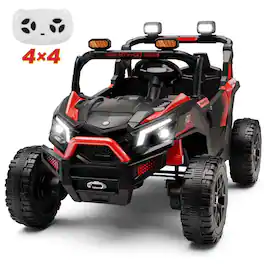 Wisairt - 24V 4WD Kids UTV Rid On Car, Extra-Wide 2-Seater with Parent Remote, Music & LED Lights - Red