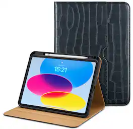 VIKESI - Case for iPad A16 and iPad 10th 10.9-Inch Leather Smart Folio Cover with Pencil Holder and Hand Strap,Auto Sleep/Wake - Midnight Blue