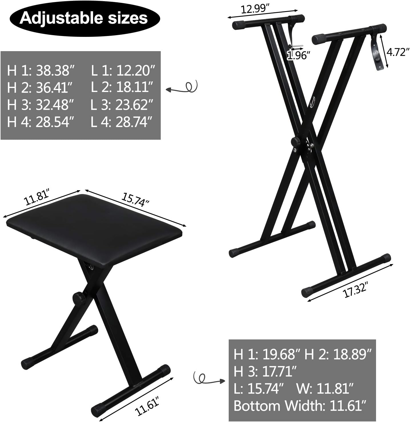 Adjustable sizes

H 1: 38.38"  
H 2: 36.41"  
H 3: 32.48"  
H 4: 28.54"  
L 1: 12.20"  
L 2: 18.11"  
L 3: 23.62"  
L 4: 28.74"  

H 1: 19.68"  
H 2: 18.89"  
H 3: 17.71"  
L: 15.74"  
W: 11.81"  
Bottom Width: 11.61"