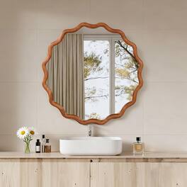 Z-Edge - Round Wavy Wall Mirror, 30" Circle Boho Scalloped Mirror for Bedroom, Bathroom, Living Room, Entryway - Brown