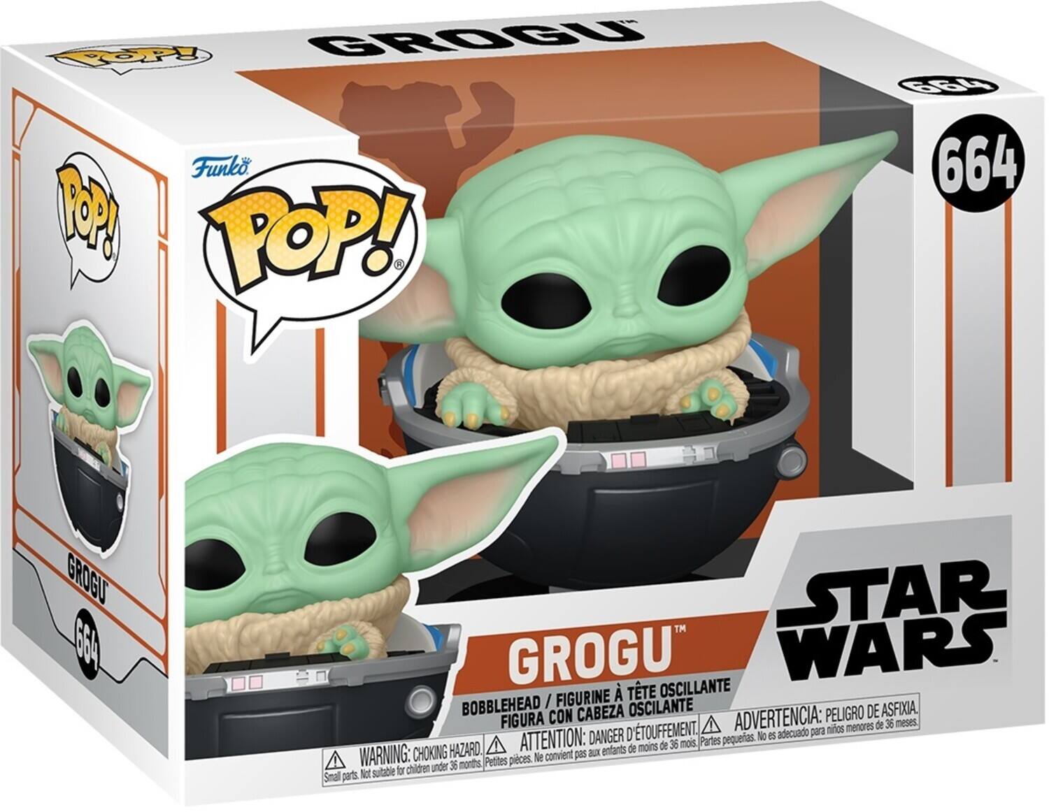 Funko POP! G6L 664 GROGU 664 STAR WARS FIGURINE TTE OSCILANTE BOBBLEHEAD / OSCILANTE ASFIXIA. CON CABEZA ADVERTENCIA: PELIGRO DE FIGURA nios menores de 36 meses ATTENTION: DANGER D'TOUFFEMENT. Partes pequerias. No es adecuado para HAZARD. de moins de 36 mois WARNING: CHOKING convient pas aux enfants Pettes pieces. Ne chidren under 36 months Nct sutable for Small parts.