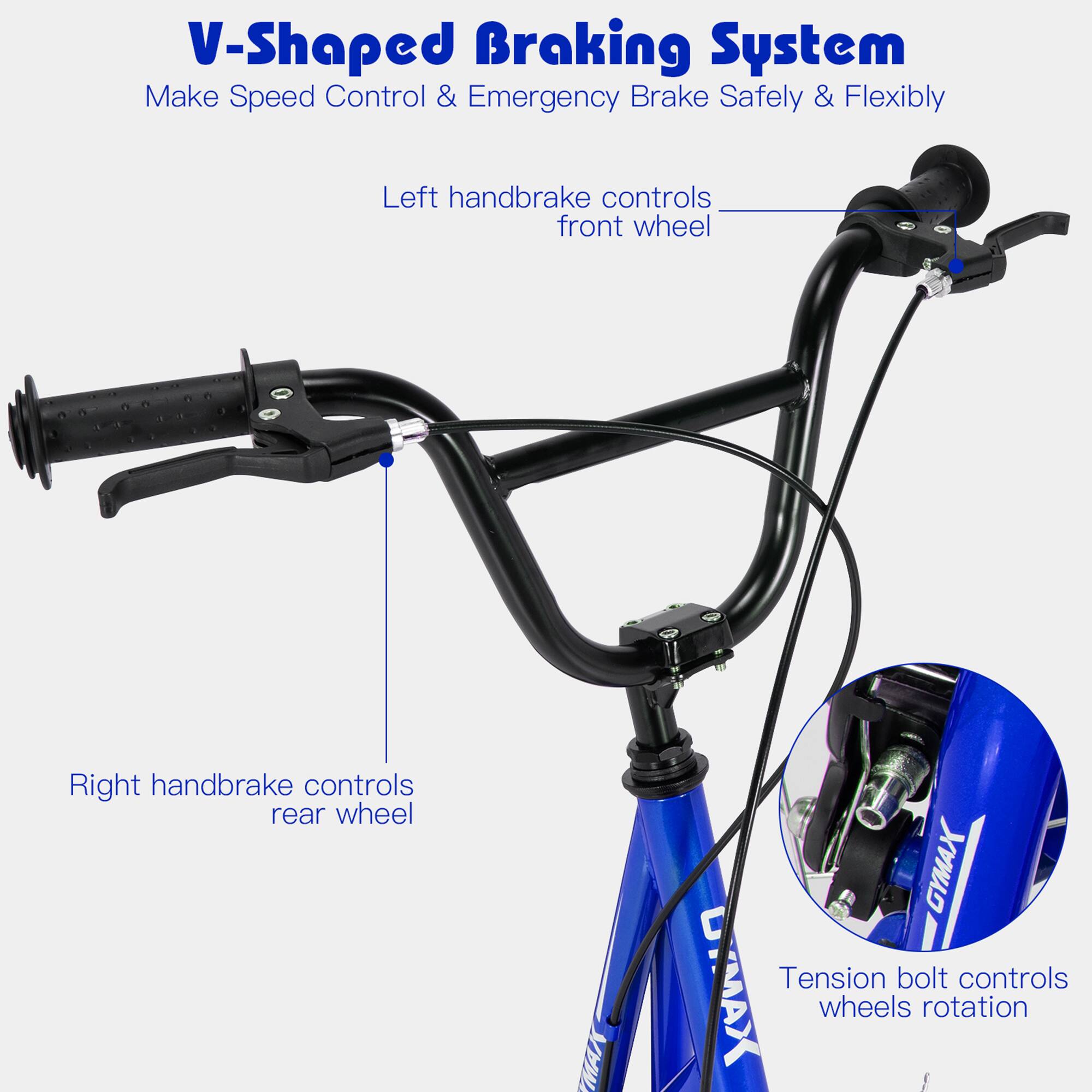 V-Shaped Braking System  
Make Speed Control & Emergency Brake Safely & Flexibly  

Left handbrake controls front wheel  
Right handbrake controls rear wheel  
Tension bolt controls wheels rotation