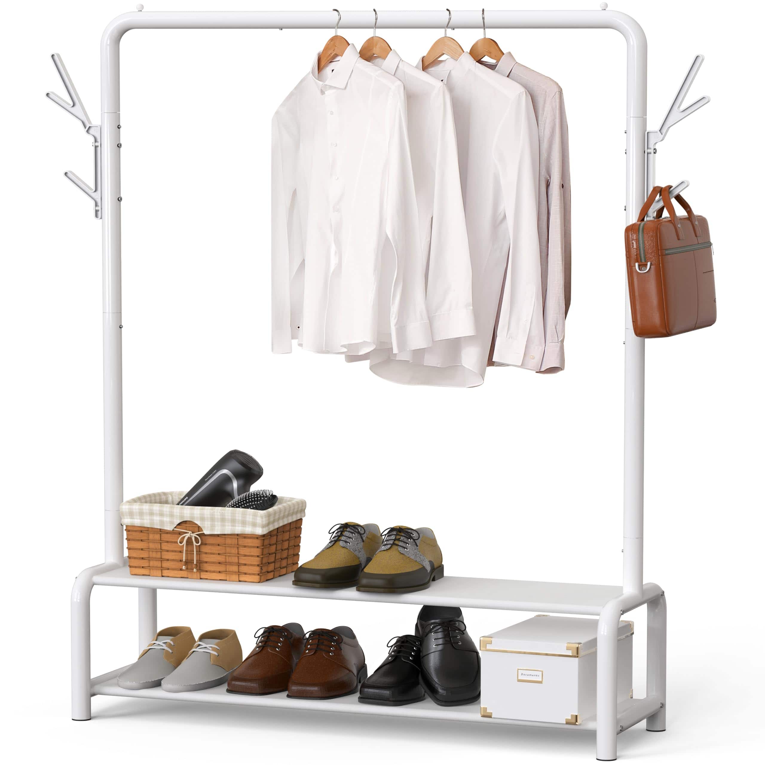 HM 1810 - 52-inch Freestanding Closet Garment Rack With Storage Shelves And Coat/hat Hooks - White