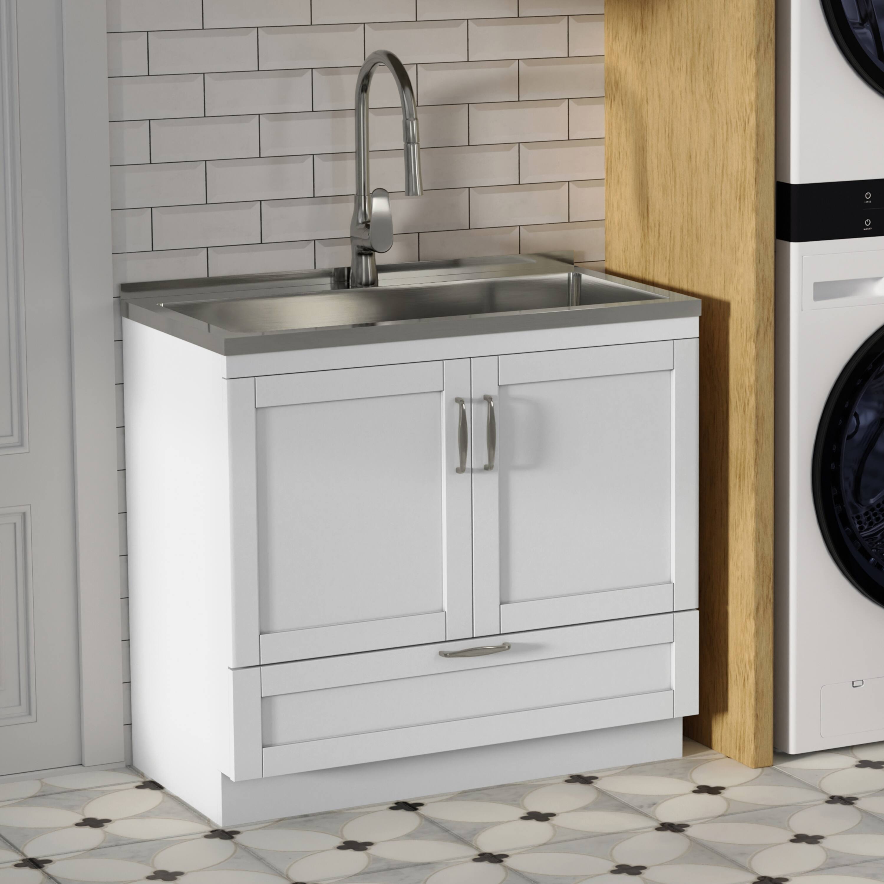 Angle. Simpli Home - Reed All-In-One 36-inch Laundry Utility Sink and Cabinet - Pure White.