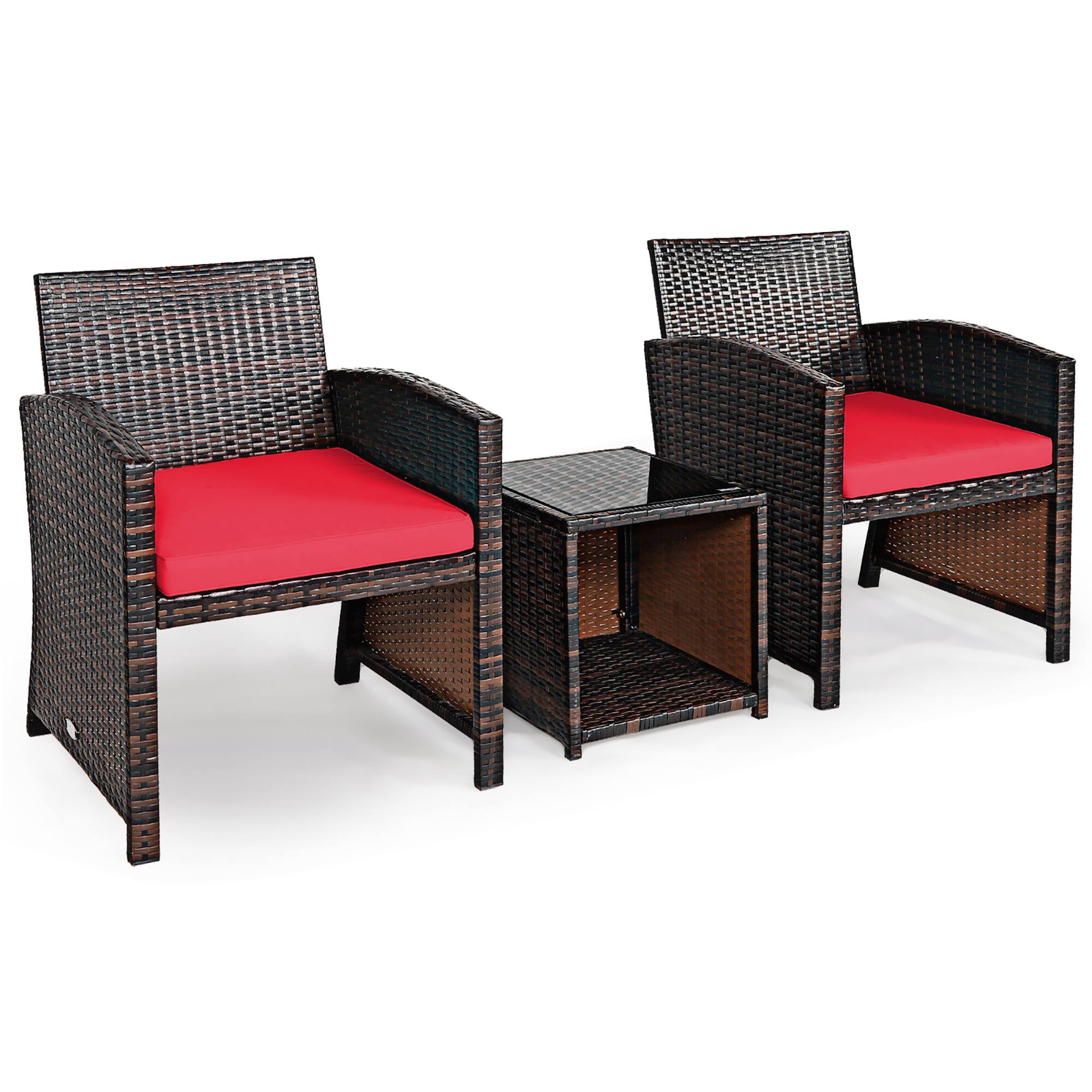 Left. Costway - 3PCS Patio Rattan Wicker Furniture Cushion Sofa Coffee Table - Red,Mix brown.