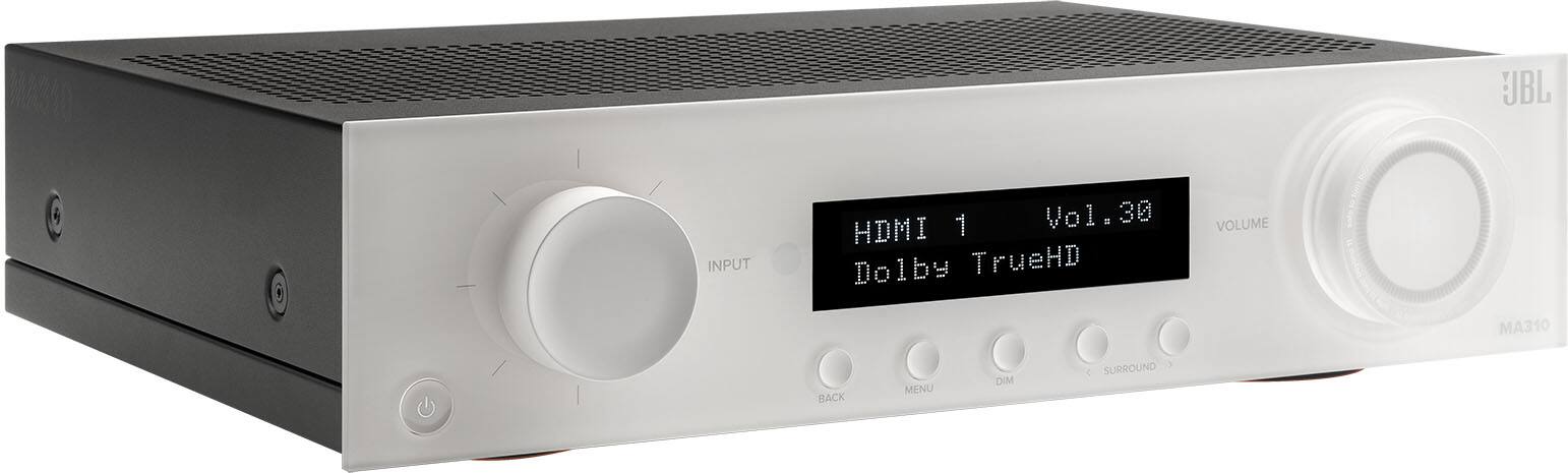 The text on the image reads: "HDMI 1 Dolby TrueHD Volume 38 BACK MENU DIM SURROUND."