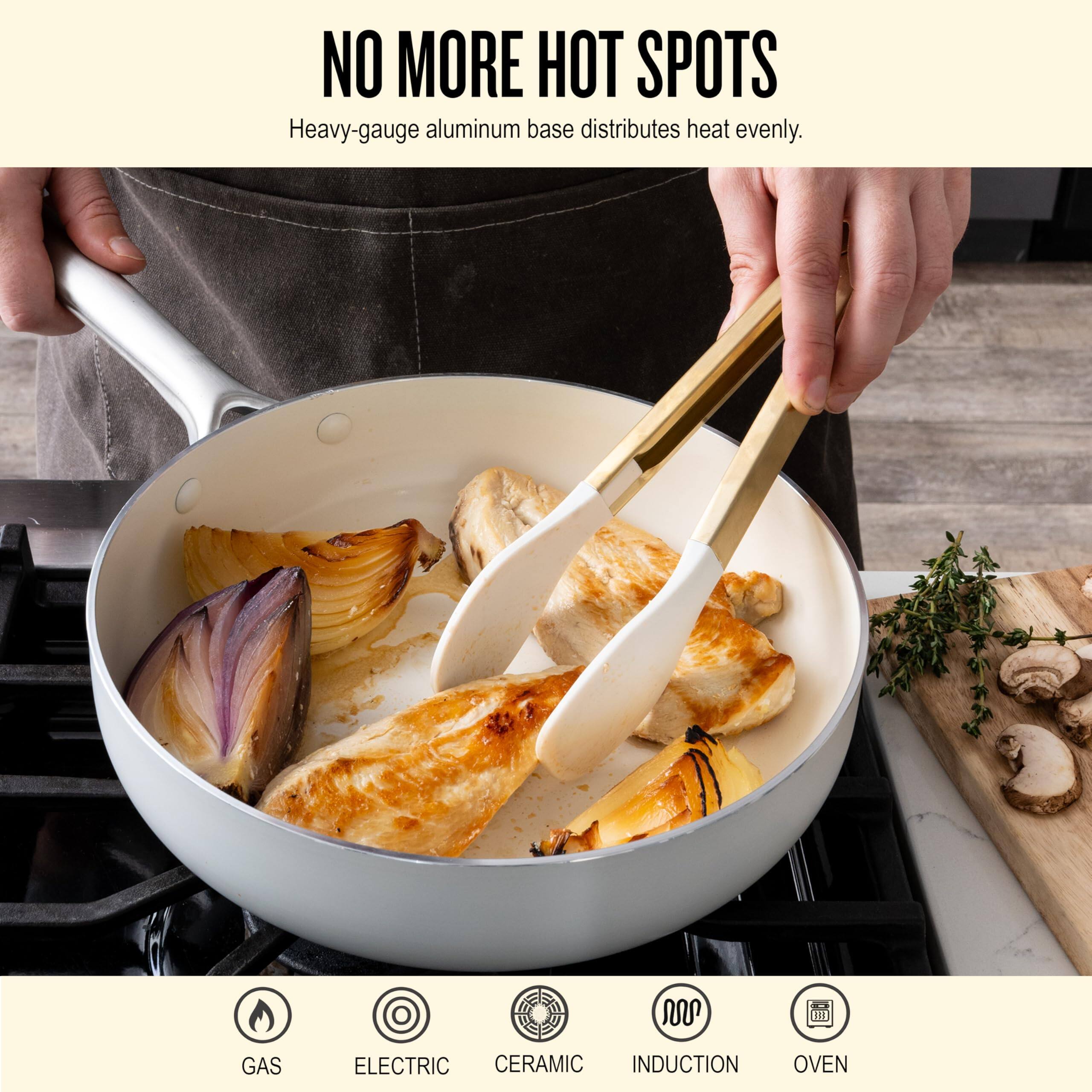 NO MORE HOT SPOTS  
Heavy-gauge aluminum base distributes heat evenly.  

GAS  
ELECTRIC  
CERAMIC  
INDUCTION  
OVEN