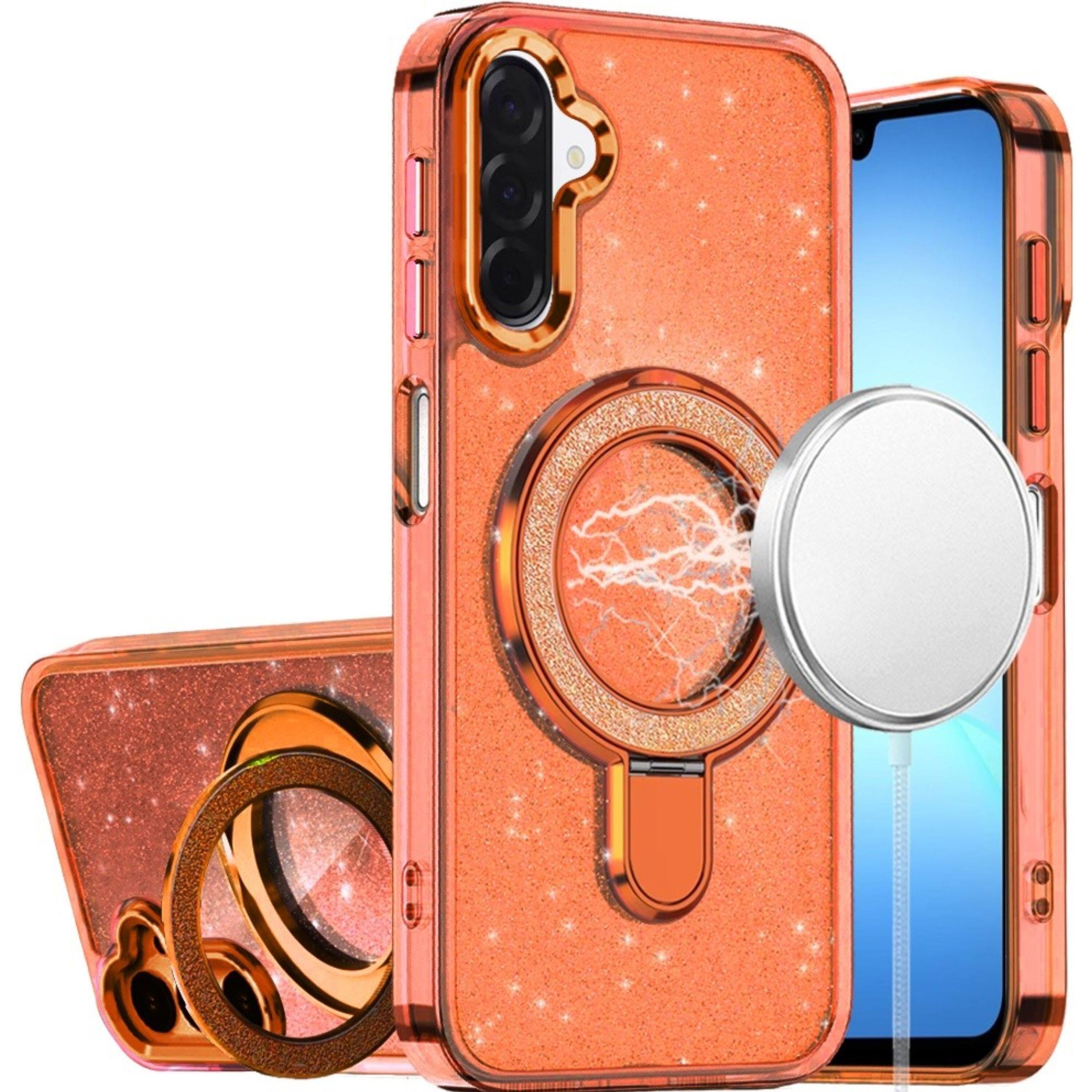 Front. Kitcheniva - Sparkling Translucent Glitter Magnetic Ring Case With Tempered Glass For Samsung A17 5G Cosmic Orange - Cosmic Orange.