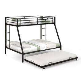 Costway - Twin Over Full Metal Bunk Bed With Trundle Slats Support for Teens Adults - Black