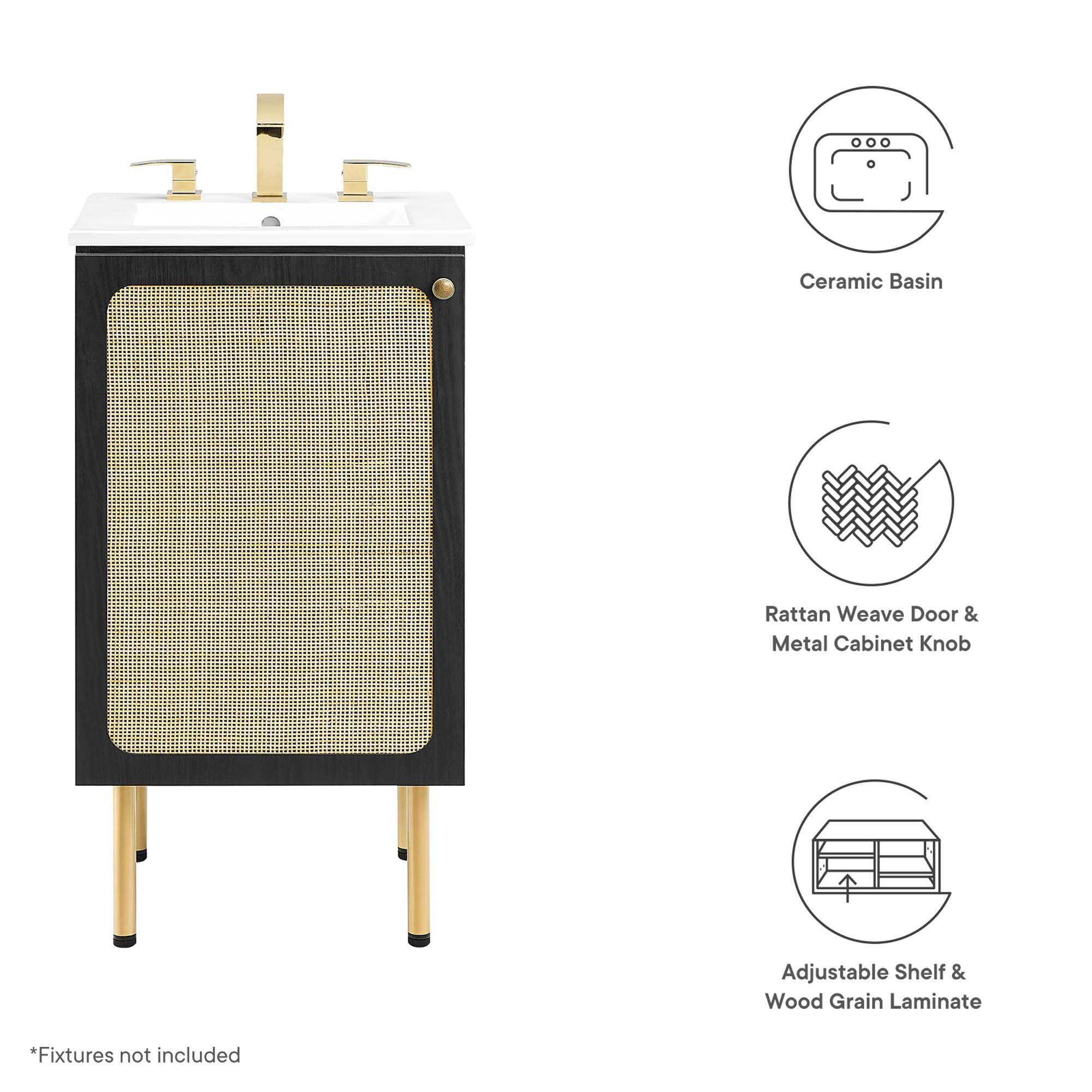 Ceramic Basin  
Rattan Weave Door & Metal Cabinet Knob  
Adjustable Shelf & Wood Grain Laminate  

*Fixtures not included