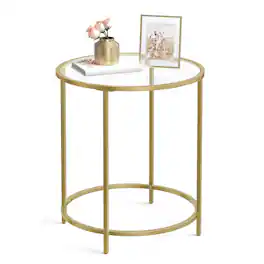 Songmics Home - Round Side Table, Glass End Table with Metal Frame, Coffee Table with Modern Style, for Living Room, Balcony - Gold