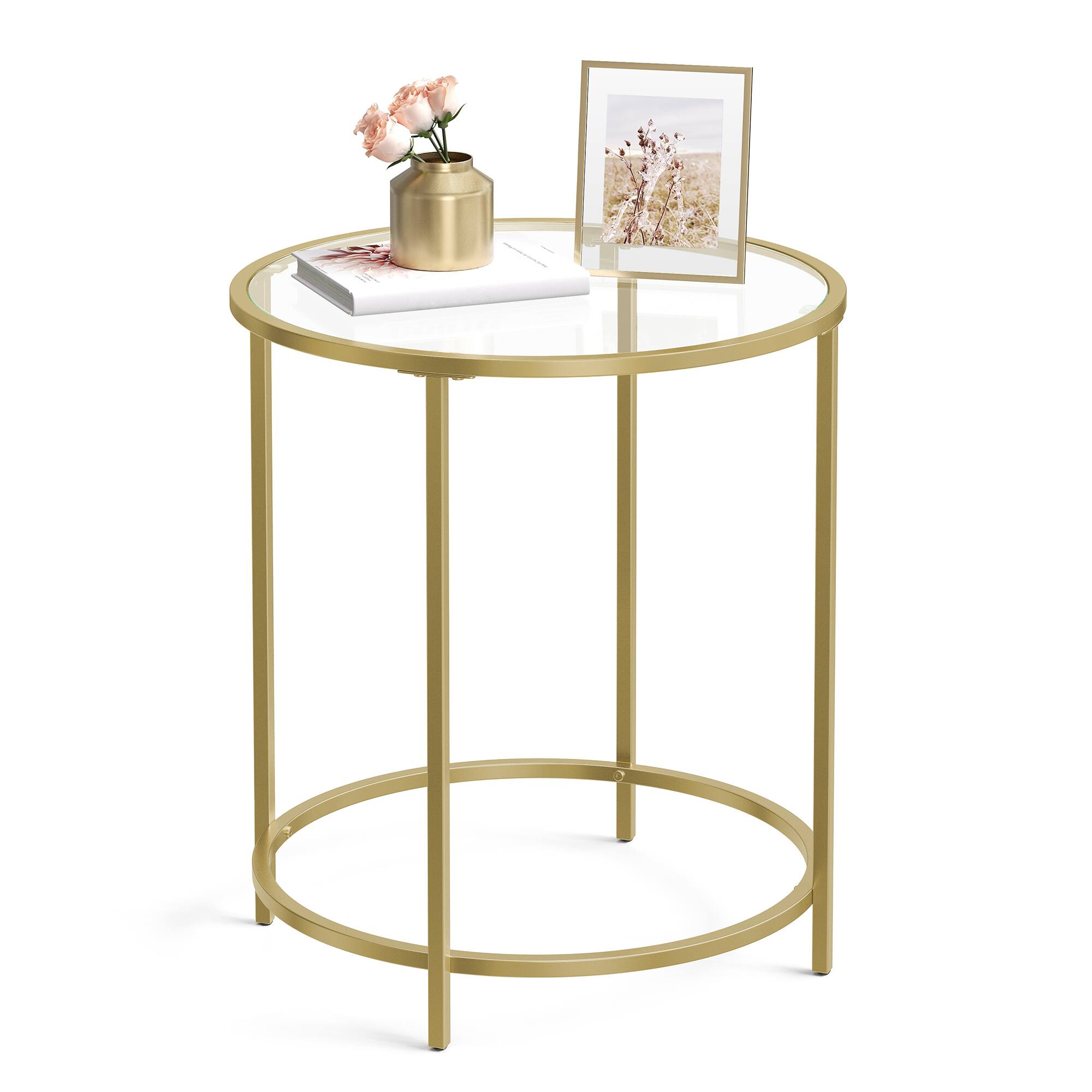 Songmics Home - Round Side Table, Glass End Table with Metal Frame, Coffee Table with Modern Style, for Living Room, Balcony - Gold