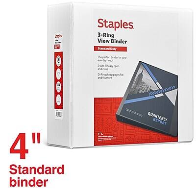 Staples  
3-Ring View Binder  
Standard Duty  
The perfect binder for your everyday needs  
2 tabs for easy open and close  
D-Rings keep pages flat and fit more  
QUARTERLY REPORT  

4"  
Standard binder