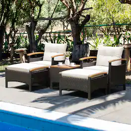 Costway - 5PCS Patio Rattan Furniture Set Sofa Ottoman Cushioned Table W/Wood Top - Off White