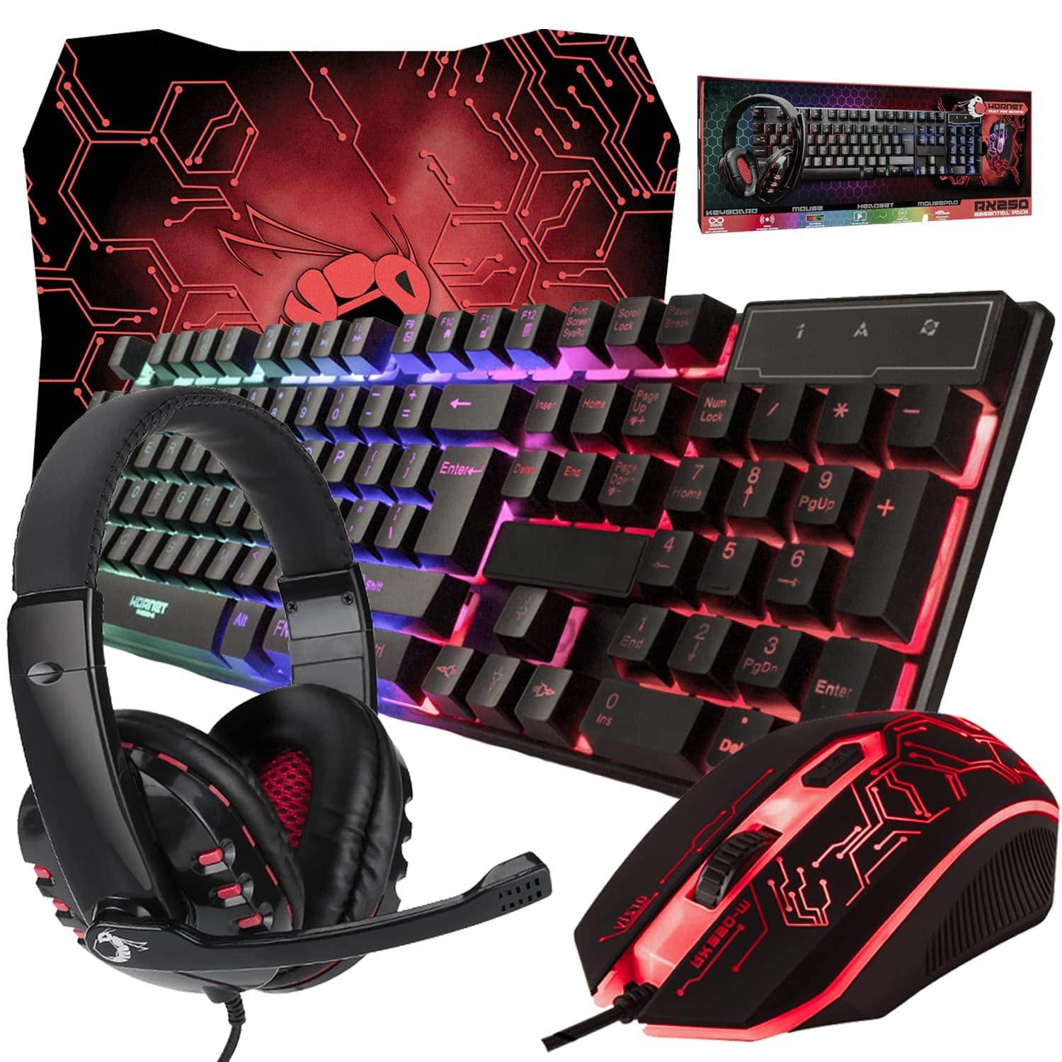 TECH SAFARI - Gaming And Mouse Pad Headset Wired Led Rgb Backlight Bundle For Pc Gamers Ps4 Users - 1 Edition Hornet Rx-250 - Black
