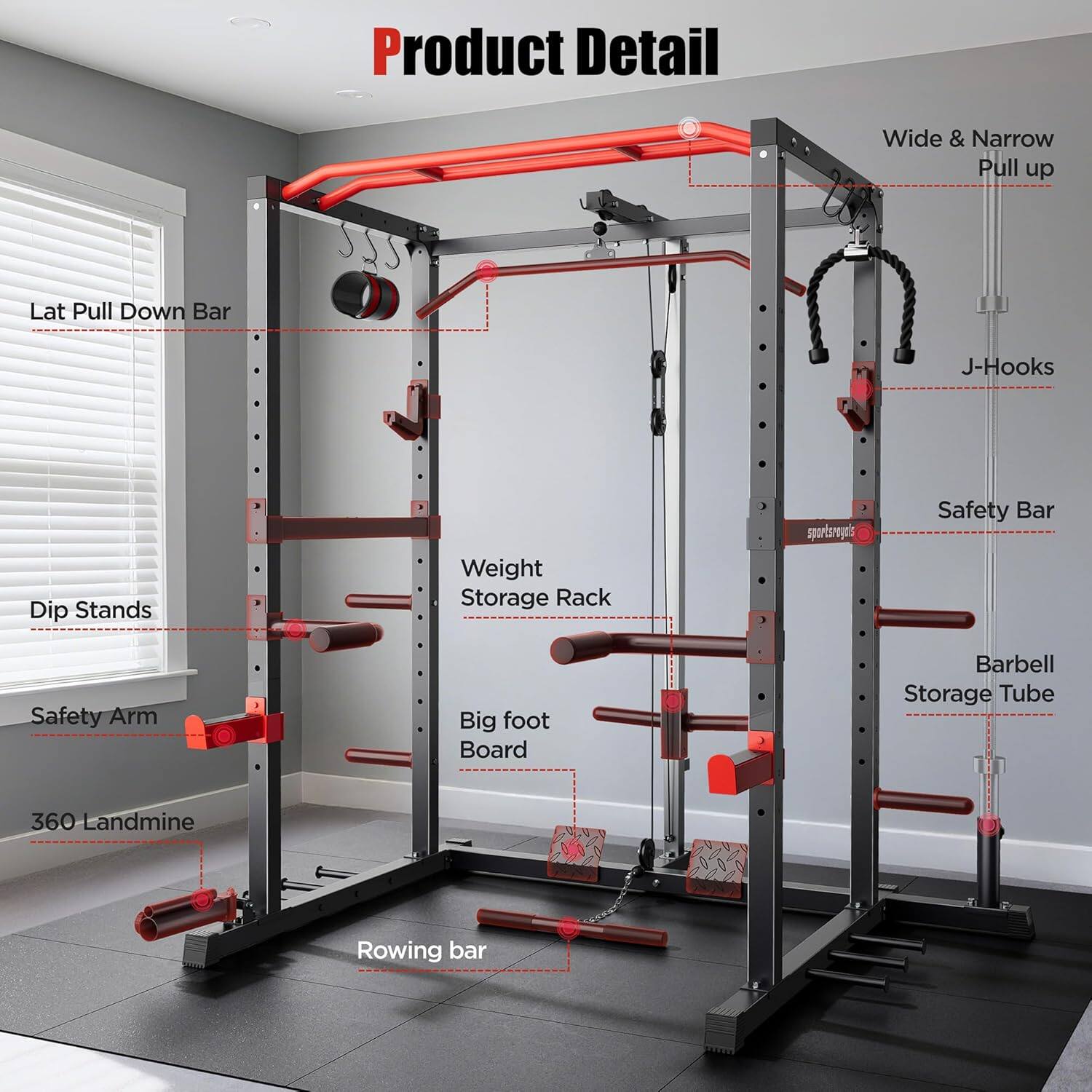 Product Detail

- Lat Pull Down Bar
- Wide & Narrow Pull up
- J-Hooks
- Safety Bar
- Weight Storage Rack
- Barbell Storage Tube
- Dip Stands
- Safety Arm
- Big foot Board
- 360 Landmine
- Rowing bar
