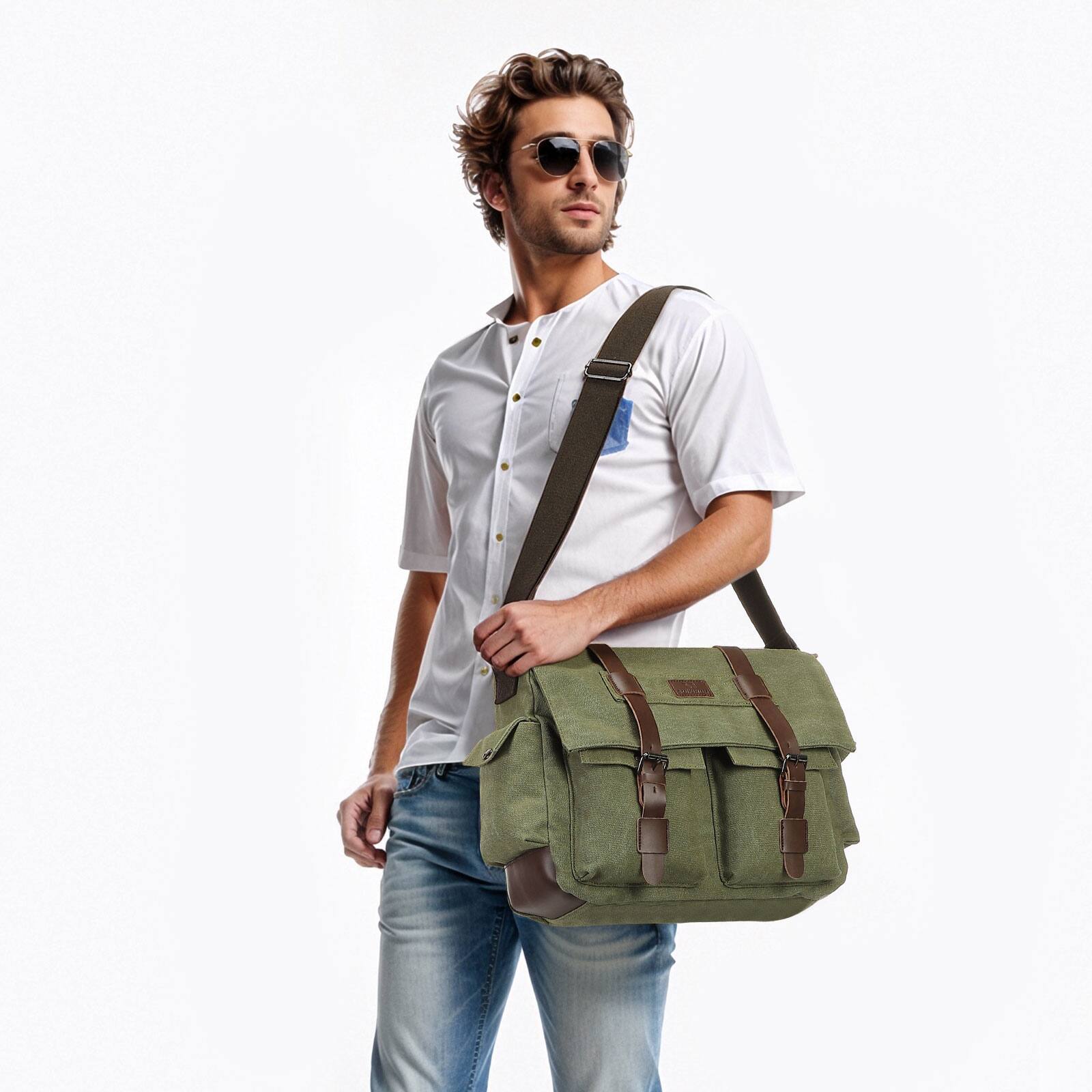 Alt View 6. Unique Bargains - Canvas Crossbody Bag for Men and Women, Vintage Shoulder Bag, Multiple Pockets, Fits 13" Laptops - Green.