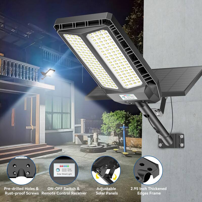 - Pre-drilled Holes & Rust-proof Screws
- ON-OFF Switch & Remote Control Receiver
- Adjustable Solar Panels
- 2.95 Inch Thickened Edges Frame