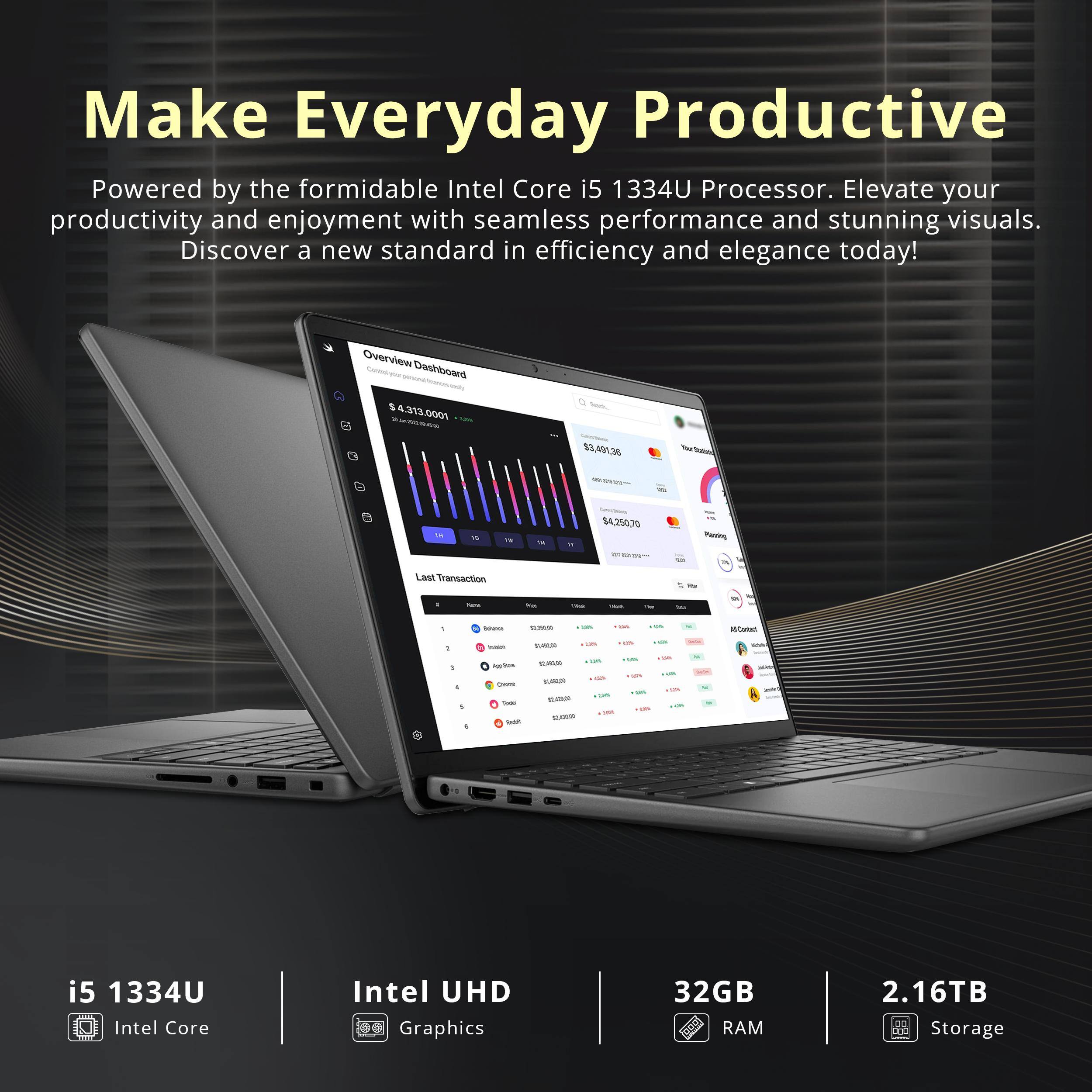 Make Everyday Productive

Powered by the formidable Intel Core i5 1334U Processor. Elevate your productivity and enjoyment with seamless performance and stunning visuals. Discover a new standard in efficiency and elegance today!

Overview Dashboard
$4,313,000.00
$3,491.36

Last Transaction
1. Bitcoin
2. Ethereum
3. Dogecoin
4. Litecoin
5. Tether
6. Monero

i5 1334U
Intel Core

Intel UHD Graphics

32GB RAM

2.16TB Storage