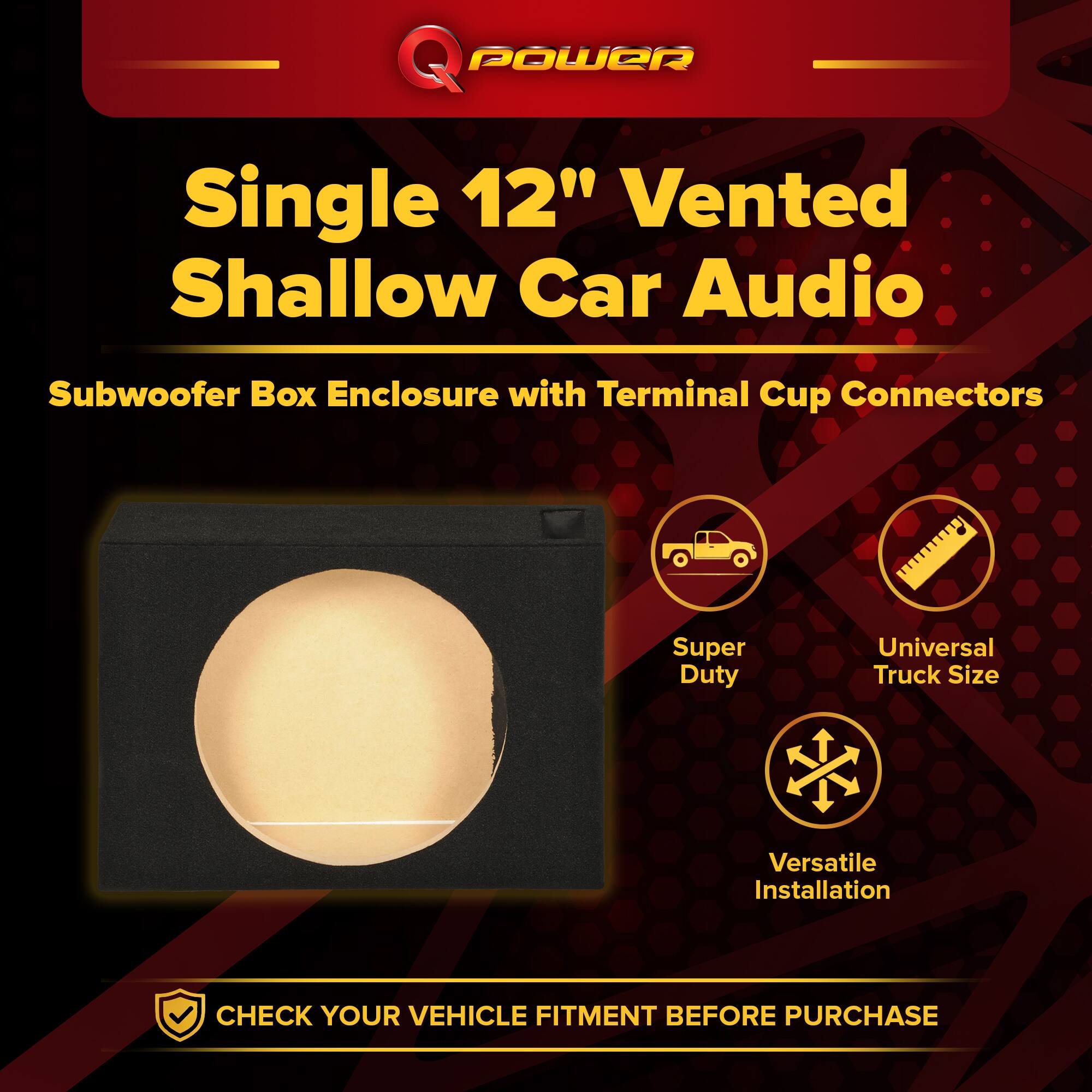 Q POWER Single 12" Vented Shallow Car Audio Subwoofer Box Enclosure with Terminal Cup Connectors Super Duty Universal Truck Size Versatile Installation CHECK YOUR VEHICLE FITMENT BEFORE PURCHASE