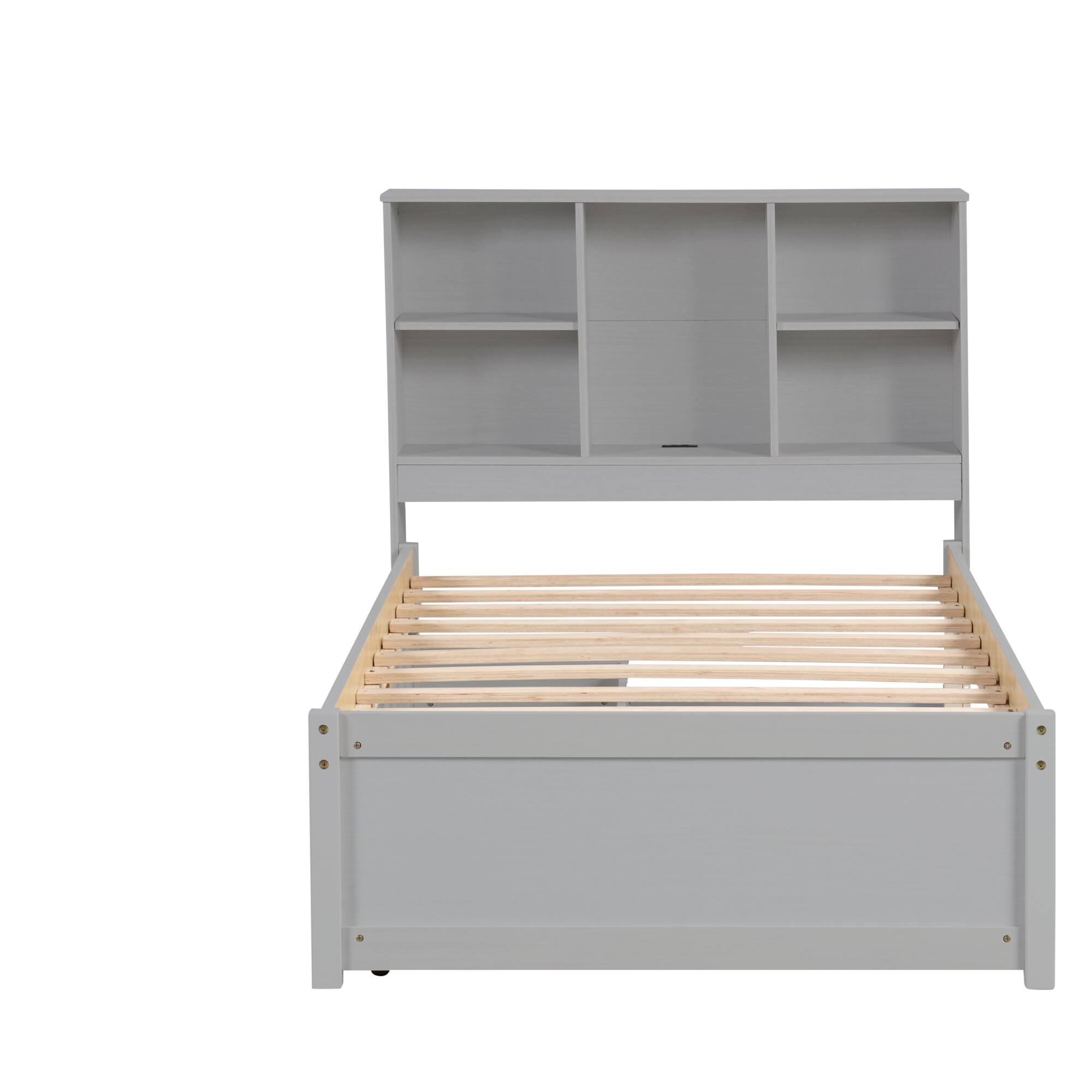 Alt View 4. GOODSILO - Contemporary Twin Size Bed Frame with USB Charging Port, Bookcase Headboard, and Underbed Storage Drawers - Grey.