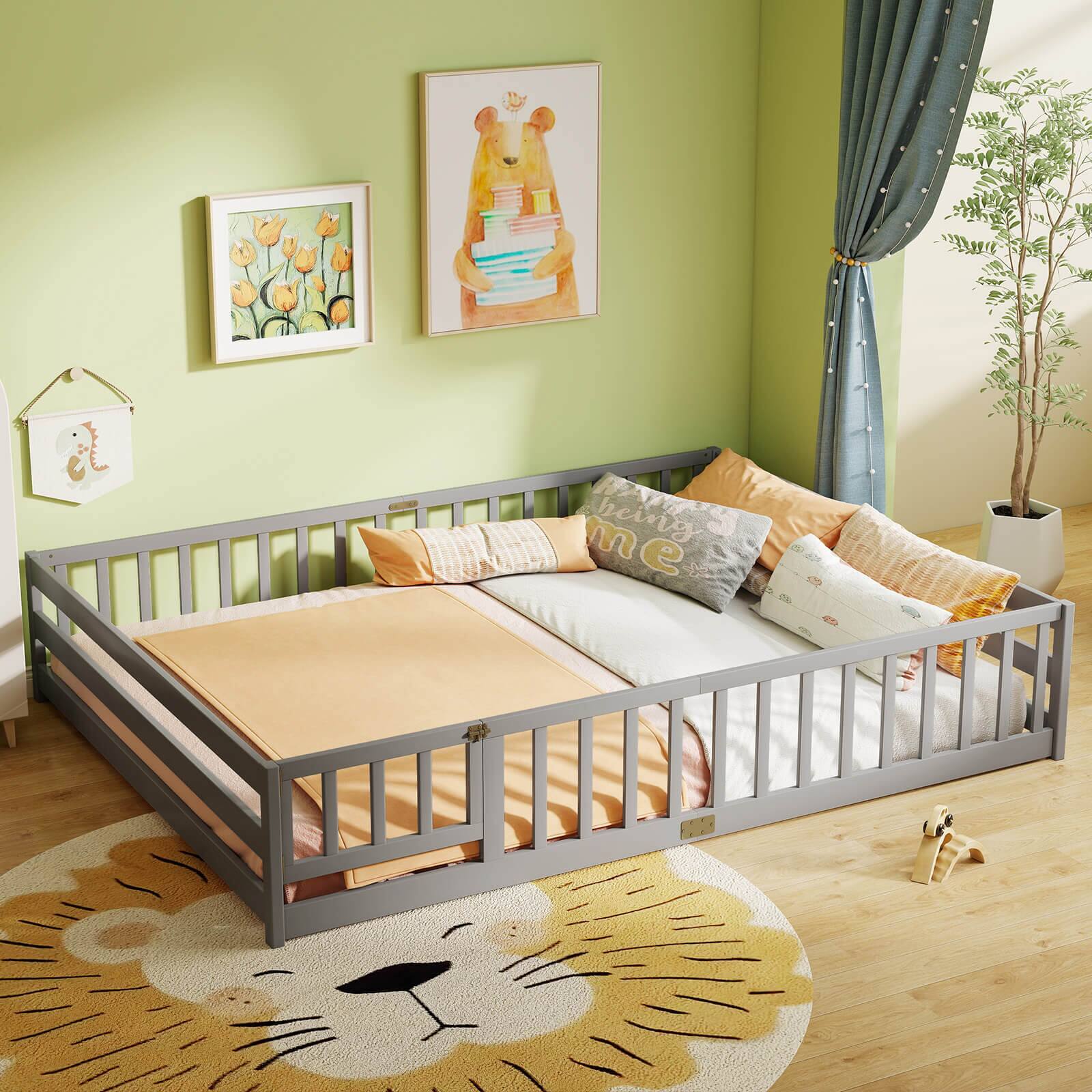 Alt View 3. Costway - Costway Queen Size Floor Bed with Full Length Safety Guardrails & Door for Boys, Girls - Gray.