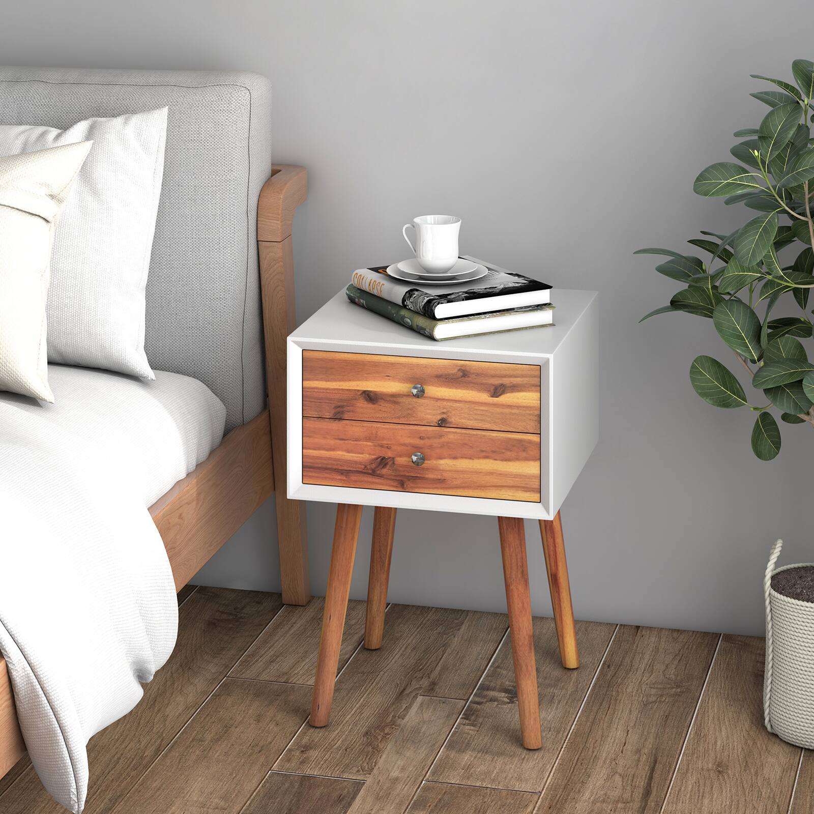 Alt View 12. Costway - 2-drawer Nightstand Multifunctional Bedside Storage Table Wooden Modern Bedroom - White/Brown.