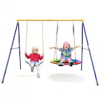 Front. Gymax - Gymax Swing Frame Stand with 2 Swing Set Swing Sets for Backyard w/ Ground Stakes - Blue + Yellow.