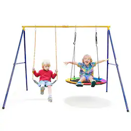 Gymax - Swing Frame Stand with 2 Swing Set Swing Sets for Backyard w/ Ground Stakes - Blue + Yellow