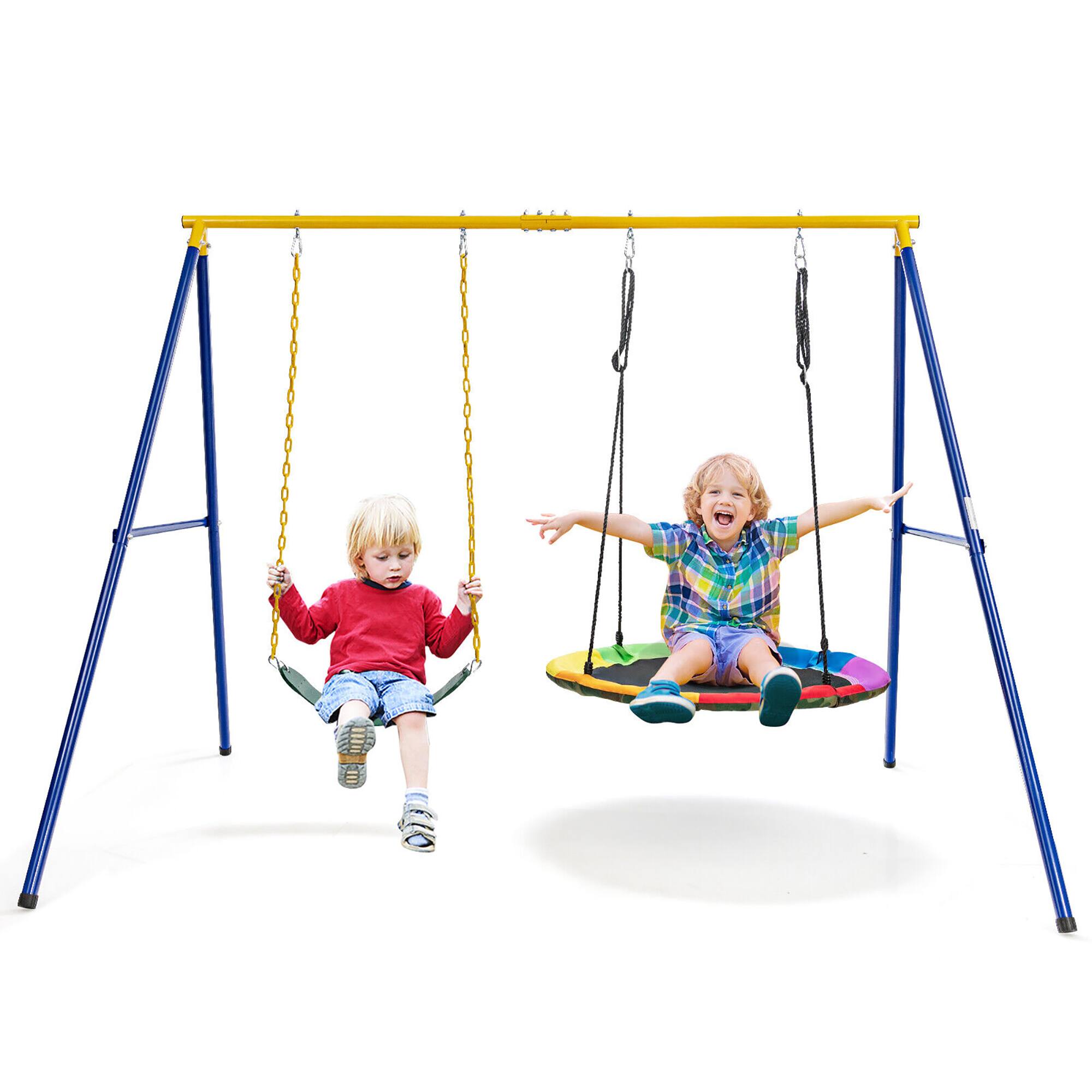 Front. Gymax - Gymax Swing Frame Stand with 2 Swing Set Swing Sets for Backyard w/ Ground Stakes - Blue + Yellow.
