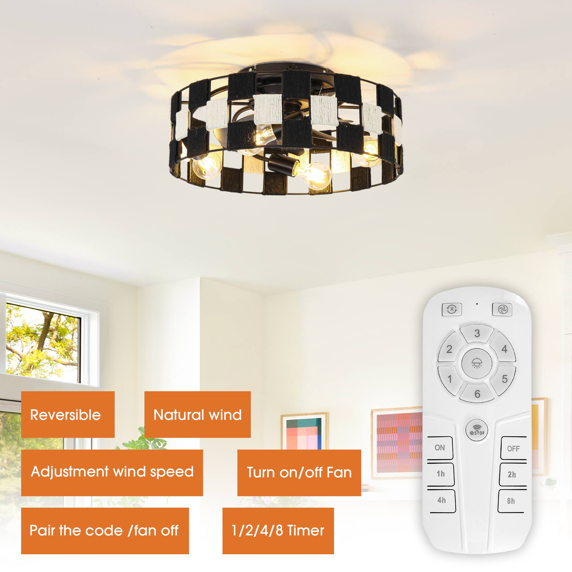 - Reversible
- Natural wind
- Adjustment wind speed
- Turn on/off Fan
- Pair the code / fan off
- 1/2/4/8 Timer
- 1h
- 2h
- 4h
- 8h