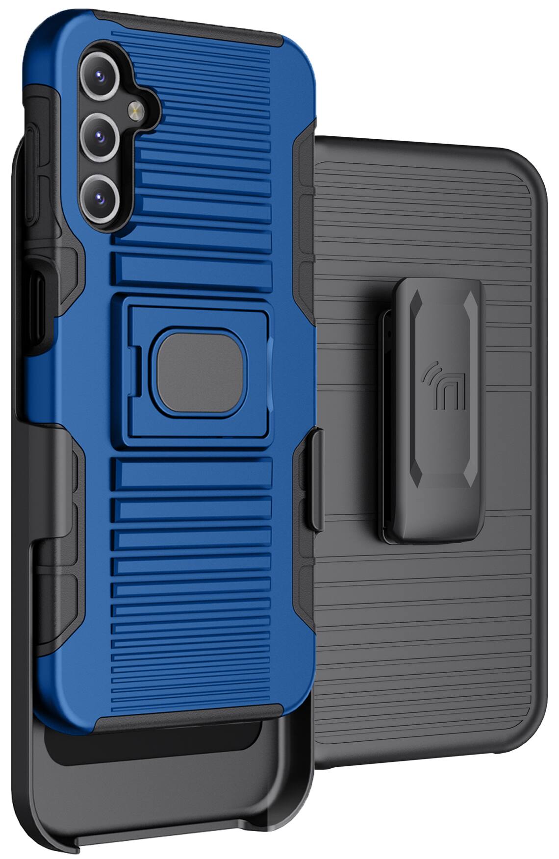 Front. Nakedcellphone - Rugged Case with Stand and Belt Clip Holster for Samsung Galaxy A14 5G Phone - Blue.