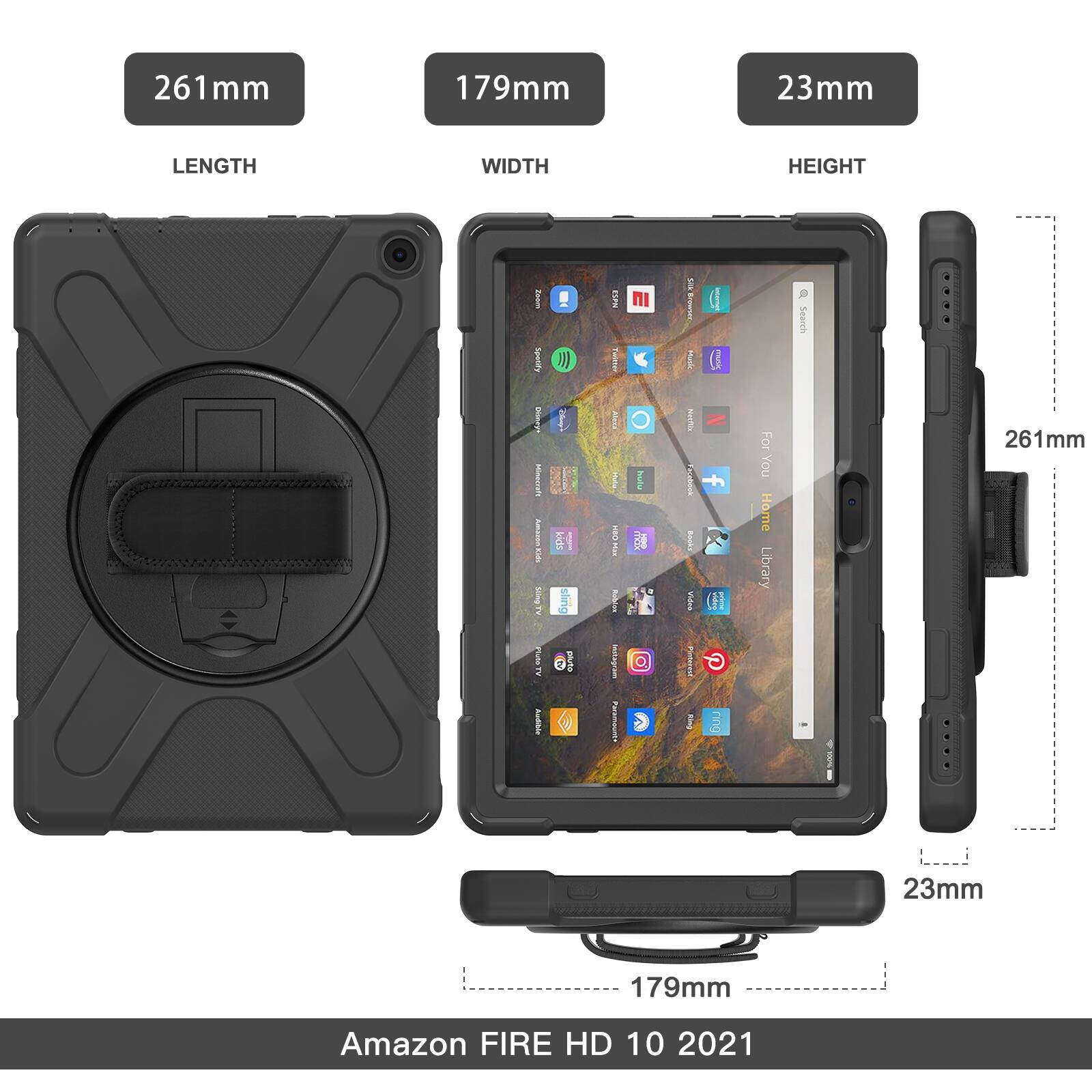 261 mm 179mm 23mm LENGTH WIDTH HEIGHT  
JAm Spundy  
i Tuinar  
Search  
Annmon msrum Amazon  
1 sling  
For You Home Library  
261mm  
pluta  
Psd  
ring  
23mm 179mm  
Amazon FIRE HD 10 2021