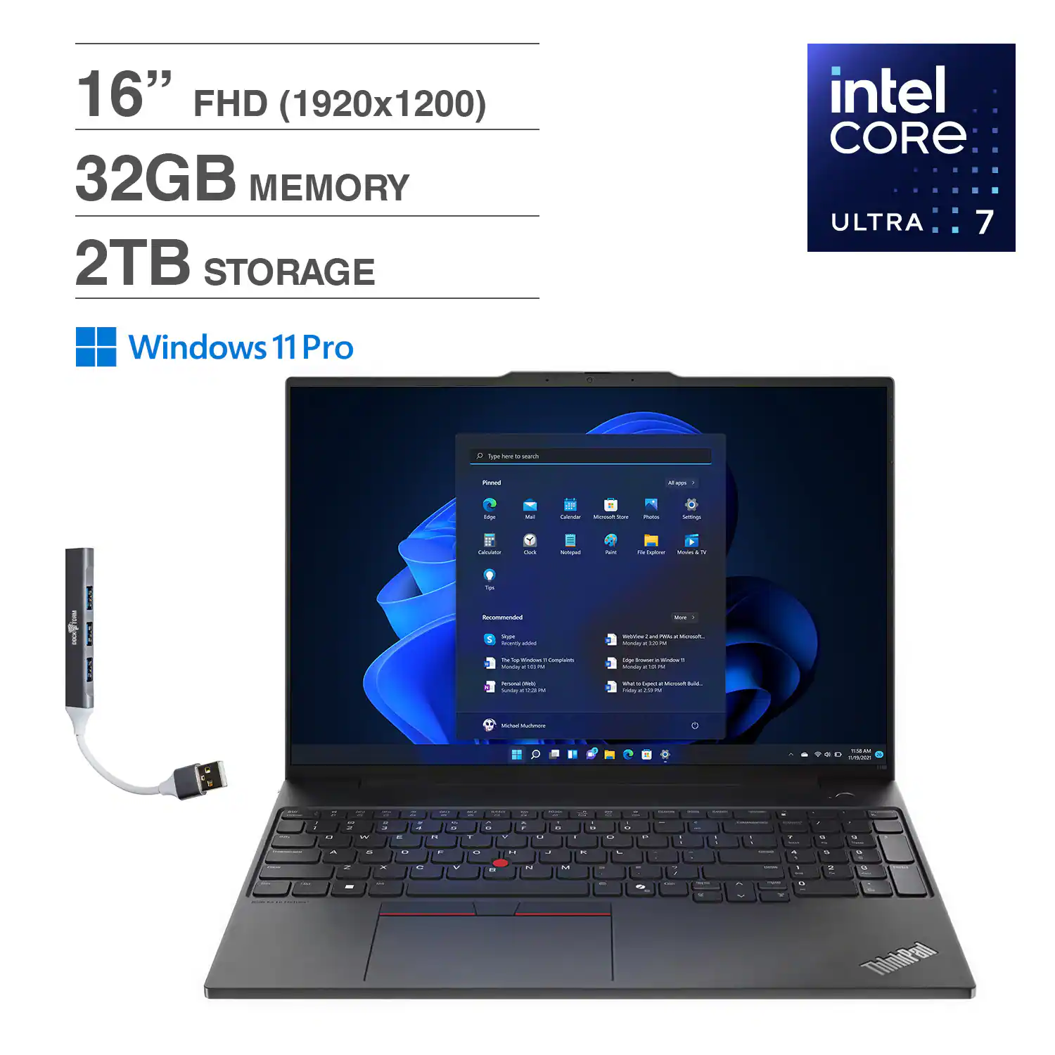 Lenovo - ThinkPad E16 Gen 2 Laptop 16.0 FHD (Intel Ultra 7 155U, 32GB DDR5, 2TB PCIe SSD, Win 11 Pro) w/USB Hub - Black