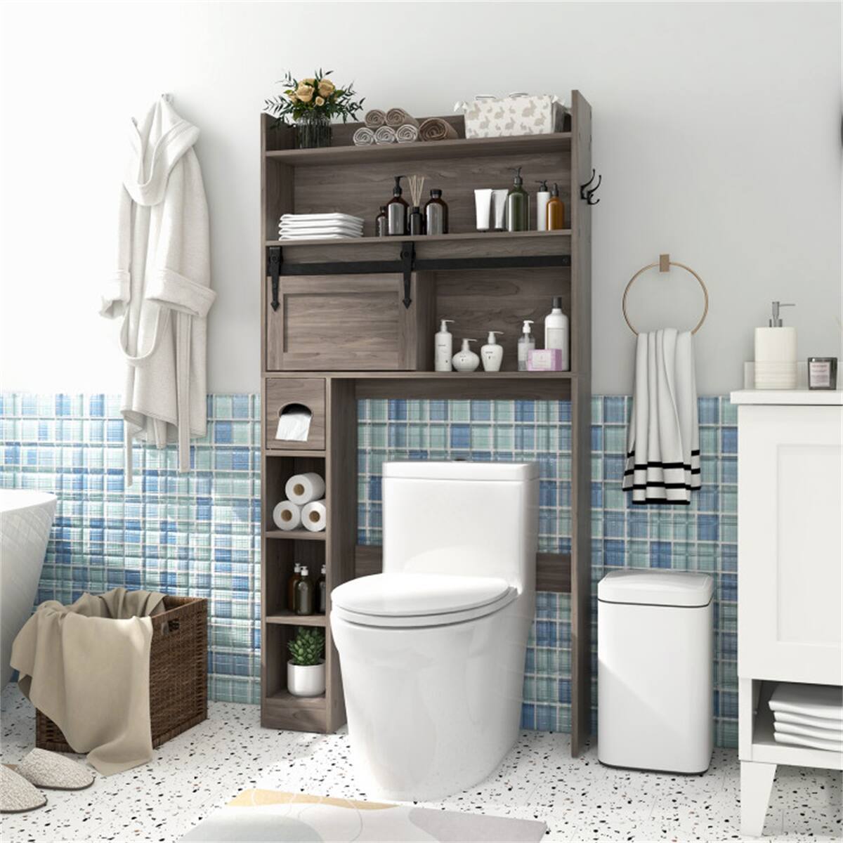Left. SlickBlue - Freestanding Toilet Storage Cabinet with Adjustable Shelves, Bathroom Organizer - Grey.