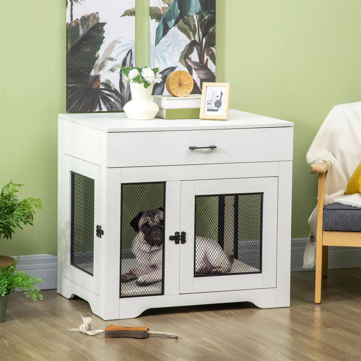 Left. Pefilos - 37" Dog Crate Furniture with Soft Water-Resistant Cushion, Wooden Kennel Table, Indoor Dog House for Small Dogs.