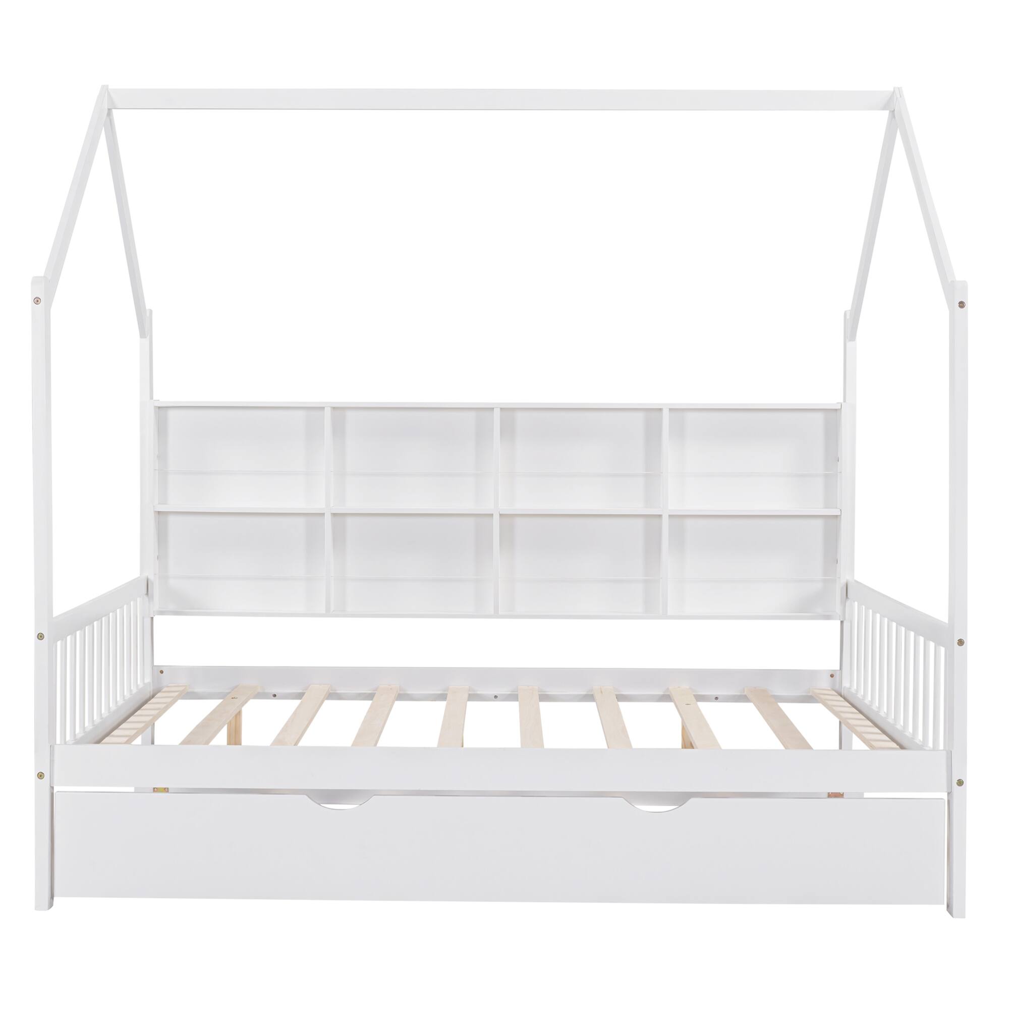 Alt View 6. GOODSILO - Full Size Wooden House Bed with Trundle and Back Shelf for Kids - Timeless Design - White.