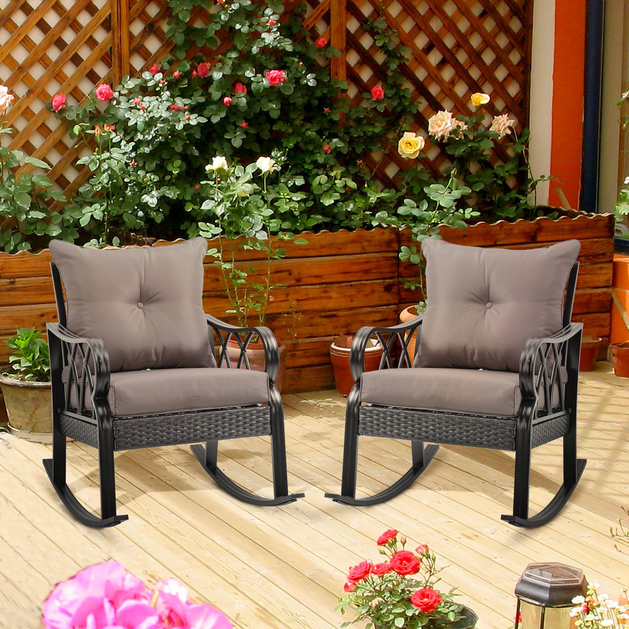 Alt View 1. Outsunny - 2 Piece Outdoor Wicker Rocking Chairs with Padded Cushions, Aluminum Furniture Rattan Porch Rocker Chairs w/ Armrest - Gray.