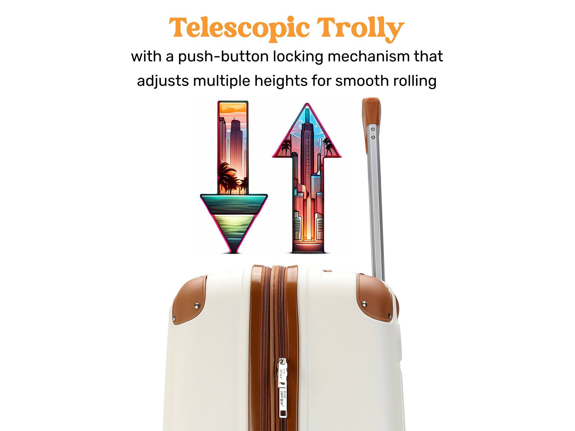 Telescopic Trolly with a push-button locking mechanism that adjusts multiple heights for smooth rolling.
