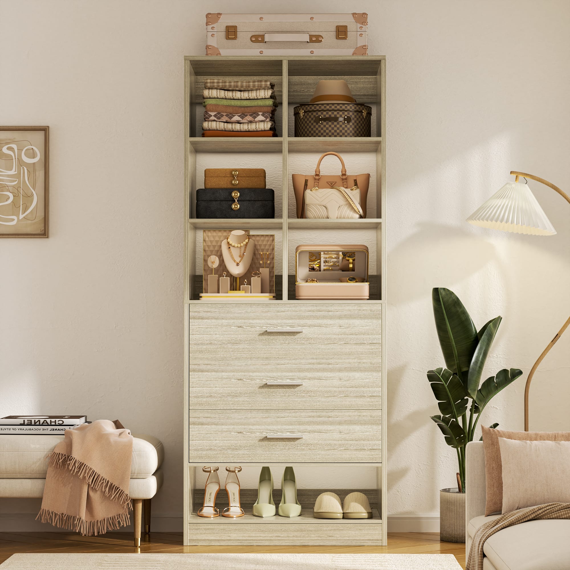 Aheaplus - 23.6'' Freestanding Closet Organizer System with 3 Drawers and 6 Cube Storage, Modular Wardrobe Closet for Small Space - Beige Oak