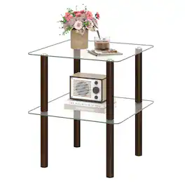 Costway - Square End Table, 2-Tier Sofa Side Table with Clear Tempered Glass Top & Shelf - Clear & Brown