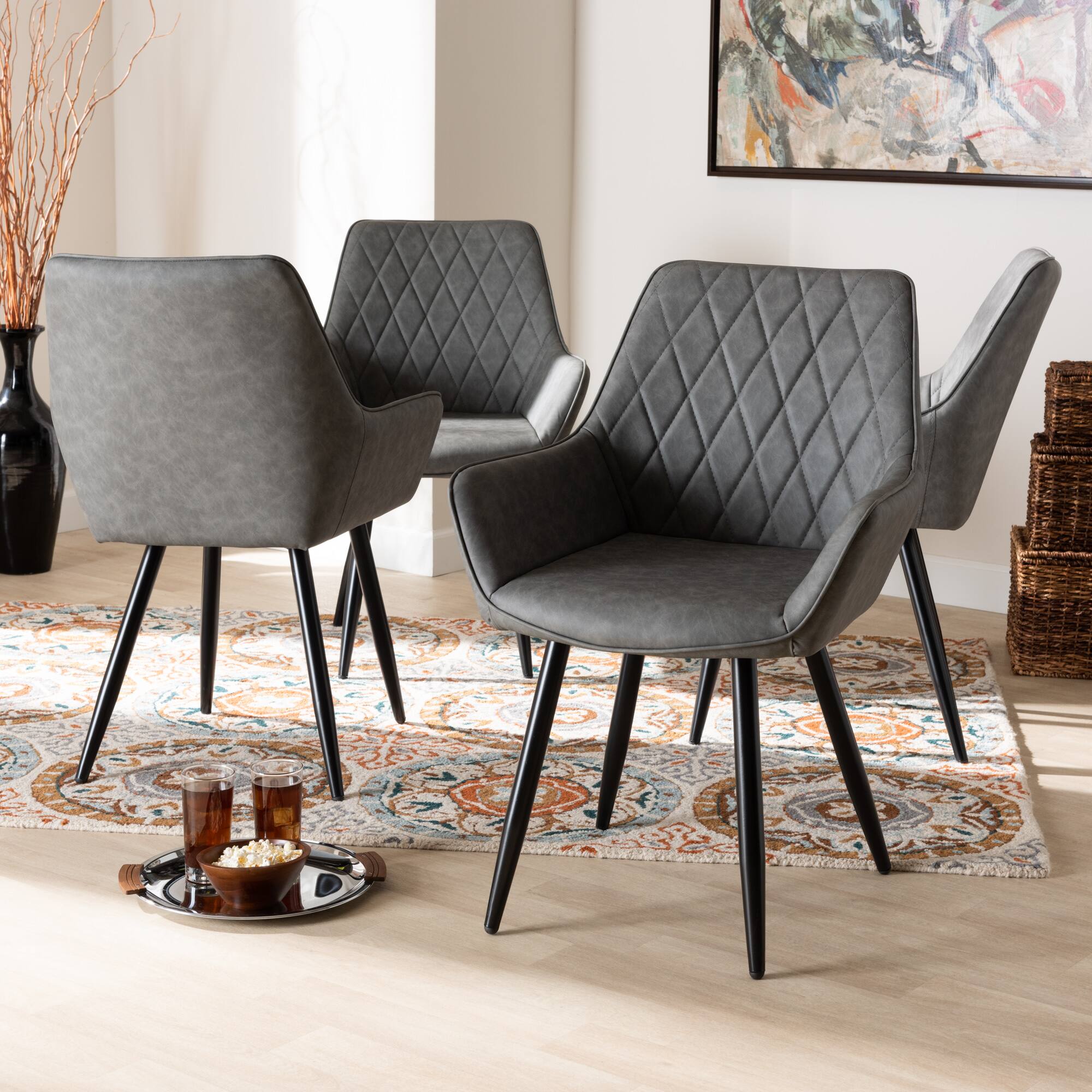 Alt View 1. Baxton Studio - Astrid Mid-Century Contemporary Faux Leather Upholstered and Metal 4-Piece Dining Chair Set - Grey/Black.